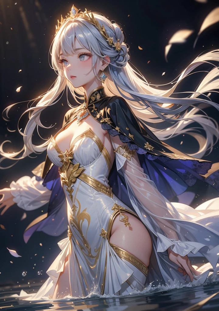 1 female,Beautiful woman,Ethereal temperament,noble,Slender figure,White skin,Purple Eyes,Silver long hair,Delicate necklace,Delicate silver jewelry,Royal attire in dark blue and silver,Moonlight,outdoor,Simple background,night,Delicate face,thin,Normal body,Delicate face,Small chest,noble的皇家服饰