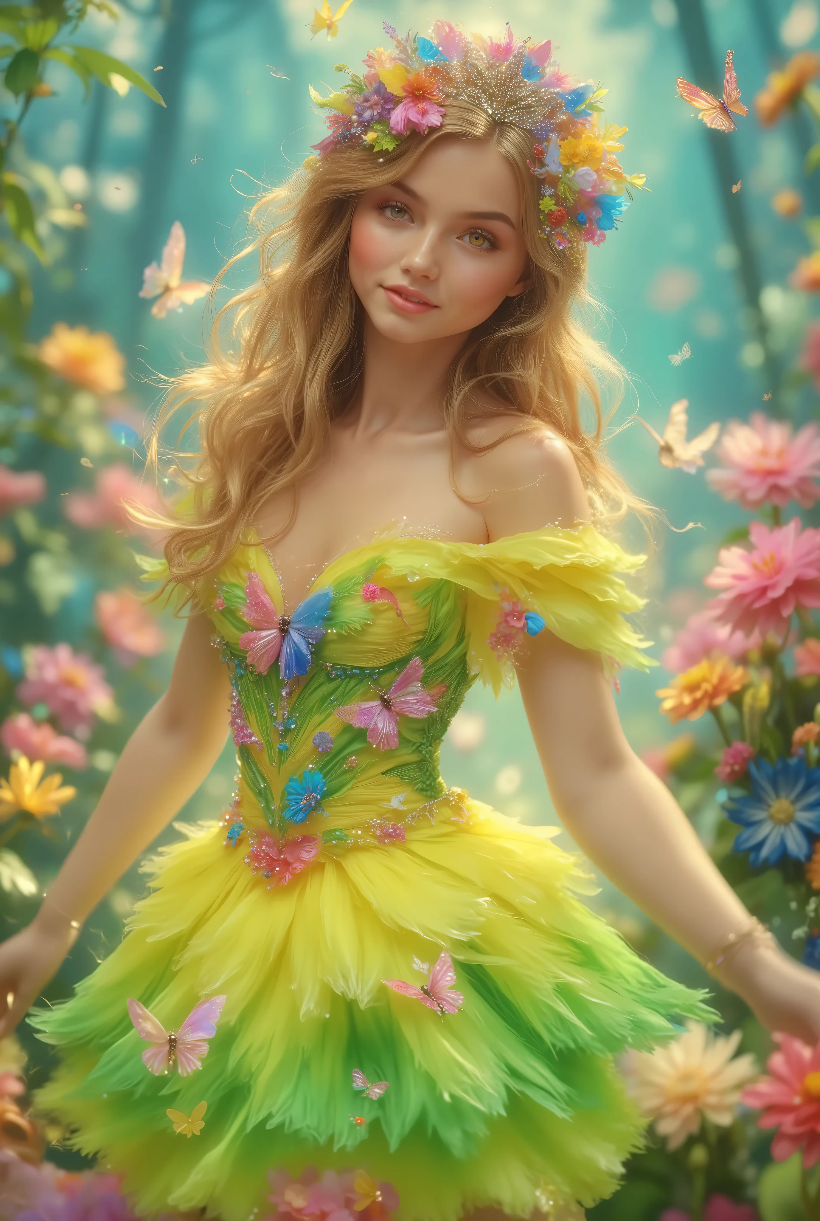 (Canon), (EOS R5), (50mm), (No lens flare :1.5), (超 High Resolution :1.5), (masterpiece), Accurate, (( photo realistic :1.9)), (( anatomically accurate human body :1.4)), ( realistic な質感の肌), more details, high detail, High Resolution , Award-winning works,32K, depth of field, digital camera, Award-winning glamour photo , professional lighting, (( Vivid, bright, beautiful, and delicate professional art photo :1.5)), ((Vivid and bright professional art photo )), (( best quality :1.5)), ((masterpiece:1.5)), (( realistic )), ( beautiful, Vivid, and bright atmosphere ), ( very beautiful and cute 1 French woman ), (((Full body shot from the top of the head to the feet :1.5))), (( A depiction that makes you feel the movement of dancing while spinning lightly and happily)), ((Long golden hair and clothes dancing big in the wind )), (( fairy princess in a fantasy world )), (( beautiful and beautiful, A -yeld wh French girl. )), (( A very cute, ish look. )), ( beautiful and fluffy blonde Long hair ), ((She is wearing a gorgeous gold tiara studded with rubies and diamonds and a flower crown adorned with LOTS OF COLORS colorful flowers:1.5)), ((Extremely detailed and realistic skin :1.5)), (You can see an enchanting large cleavage of the bust ), (( realistic skin)), ((Quite large bust, F Cup)), (( Extremely Detailed and Realistic Brown Sparkling Eyes :1.5)), (( beautiful catchlight on the eyes:1.4)), (( extremely sexy and beautiful clear blue eyes :1.5)), (( Extremely detailed, Long, beautiful eyelashes :1.5)), ((Extremely detailed and beautiful eyebrows :1.5)), (( Extremely detailed and charming moisturized lips :1.5)), (( White realistic teeth arranged beautifully )), ( cute woman wearing a very bright pale green and very bright yellow sparkling fairy style dress ), (( A fairy style dress with very bright pastel butterfly wings :1.5)), LOTS OF COLORS々 deep covering a crown of flowers , Long brown hair and clothes fluttering big in the wind , looking at me with a gentle and cute expression , (A cute smile that shows some teeth:1.5), Skin feels soft , Natural makeup with gentle hues , Clear and fresh atmosphere , The delicately embroidered v-neck dress has a bright pale green and bright yellow gradation and is beautiful as if receiving light , The hem of the dress has a soft, wavy form and creates a light atmosphere , The background is a blurry, artsy LOTS OF COLORS, a vivid and very beautiful landscape with colorful flowers blooming all over, and very soft light is pouring in, A dreamy image characterized by extremely Vivid colors and delicate depictions , wearing a pale green and yellow fairy style dress Women , Beautiful footage from the movie , (( Lots of sparkling light blue, pink, and yellow pastel-colored butterflies are flying all around )), ( Beautiful Depiction That Makes You Feel the Movement Joyfully Dancing While Spinning in the Wind ), ( Her hands are not shown as much as possible. ), Accurate ,Accurate , Accurate,5 fingers on one hand