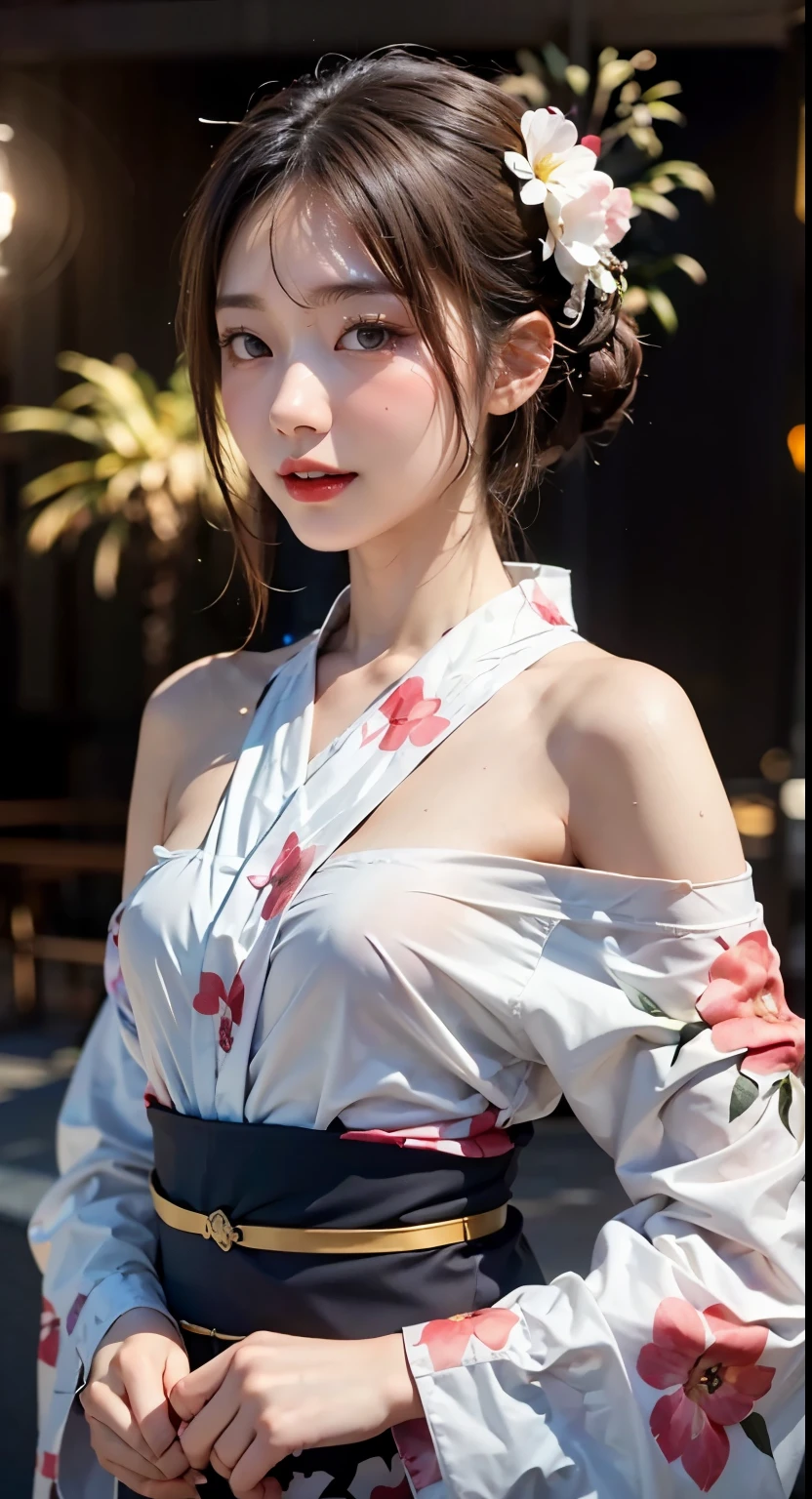 a beautiful attractive young European in short print blossoms kimono silk, micro sling T-string with low waist and high cut legs ,perfect face and body, blossoms anime colored style background, intricate chain jewelry suspenders, beautiful breast, large breasts ,medium long shot ,elegance pose