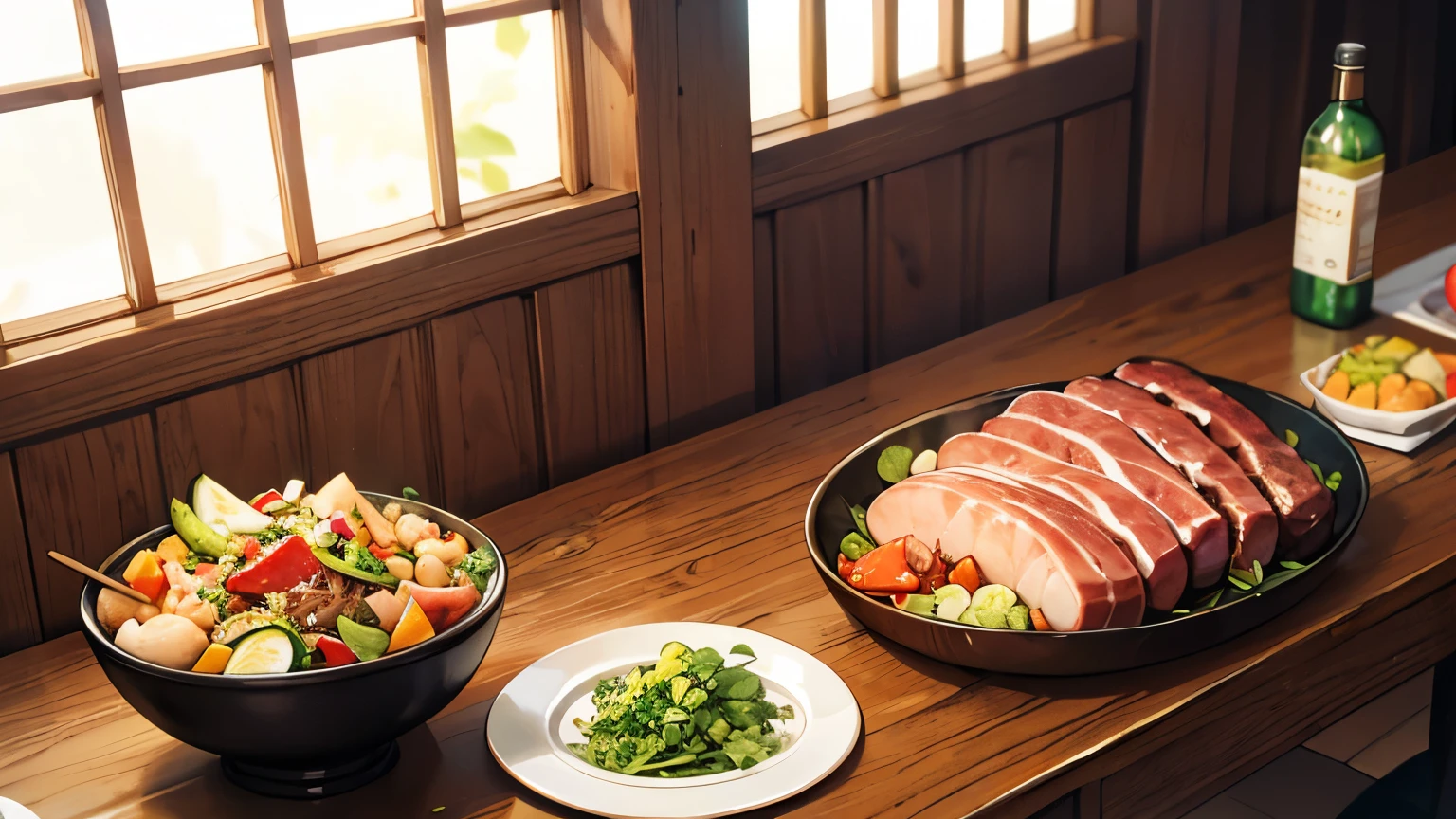 The table on one side is filled with ham and sausages in a bowl, and the other side is full of sacred vegetables and vegetables 