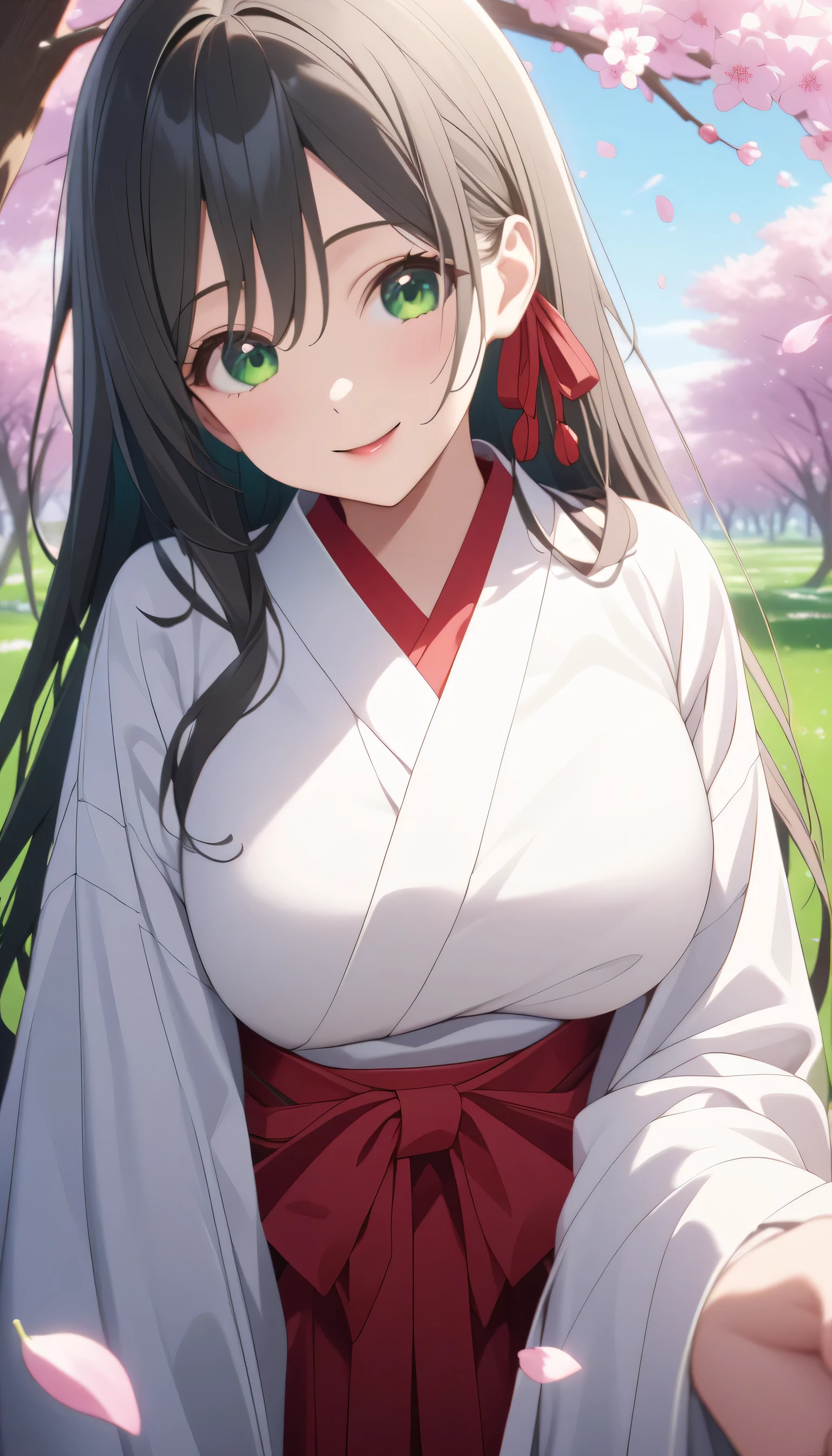 ((ultra-detailed)), (highly detailed CG illustration), (best quality:1.2), ultra-highly detailed, colorful composition, artistic photoshoot, score_9, score_8_up, 1girl, solo focus, amagamiyae, black hair, green eyes, red ribbon, hair ribbon, japanese clothes, miko, hakama skirt, red hakama, white kimono, ample breasts, wide sleeves, looking at viewer, slight smile, beautiful detailed sky, cherry blossom petals, cherry trees, row of cherry trees, breeze, petals dancing in the wind, portrait, depth of field, soft lighting, sidelighting, (shine), lighting, caustics, ray tracing, smile, perfect face, lustrous skin, highly detailed face, highly detailed eyes, perfect face, perfect nose, perfect hair, perfect eyes, perfect anatomy, beautiful hair, beautiful small face, extremely detailed face, beautiful detailed eyes, beautiful clavicle, beautiful body, beautiful huge breasts, leavage, breasts squeezed together, equalize the size of the left and right breasts, beautiful thin thighs, beautiful legs, beautiful fingers, 4 fingers, 1 thumb, lovely, (very detailed background:1.0), (highly detailed background:1.0), winter aesthetic, intricate details, joyful atmosphere, winter colors palette, chromatic aberration