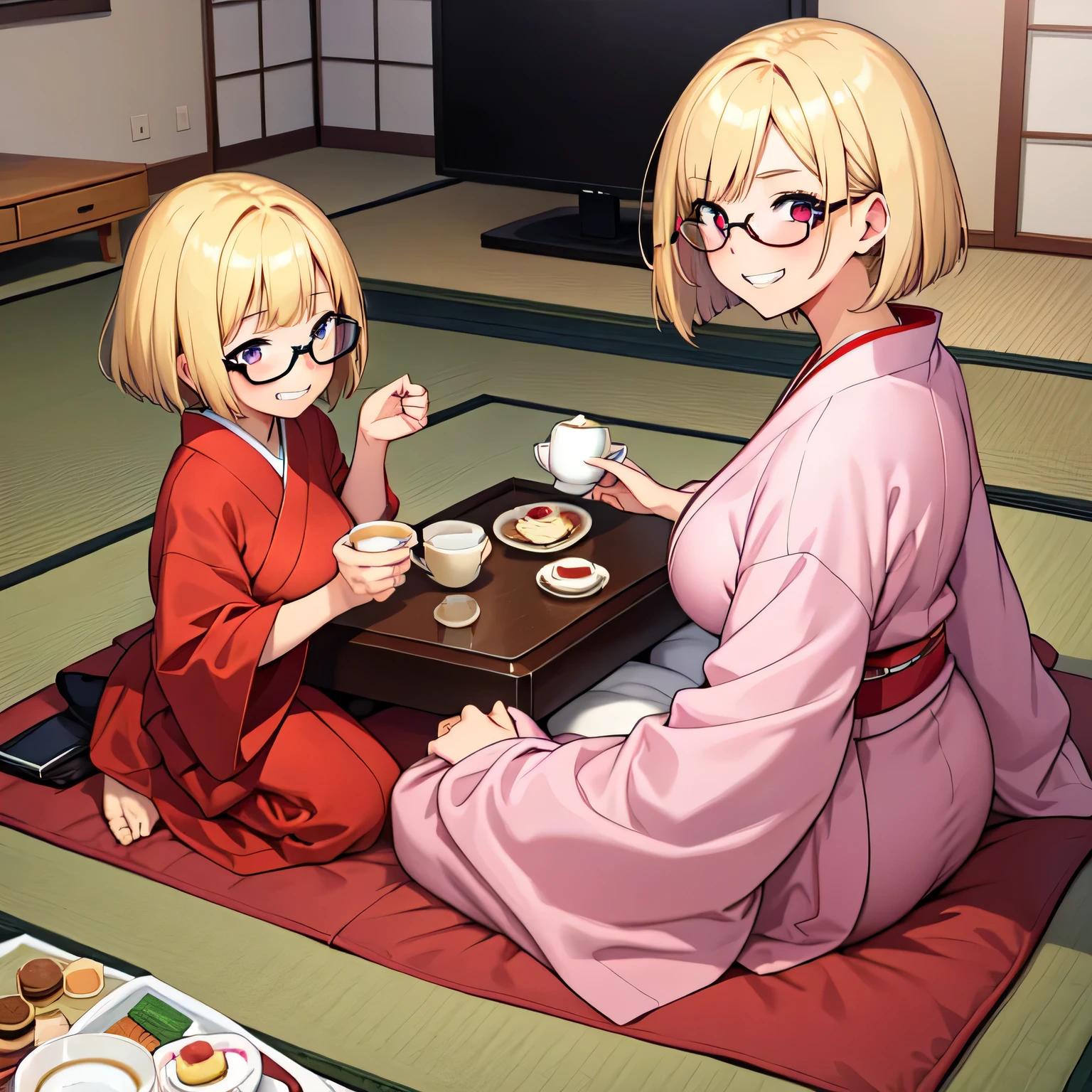 1 girl,blonde bob,garnet eyes,glasses,big breasts,casual clothes,living room, under kotatsu,Tea and cake are on the kotatsu,(kotatsu:1.3),wariza,grinning,japanese_living,Japanese cushion,masterpiece, best quality, ultra detailed,