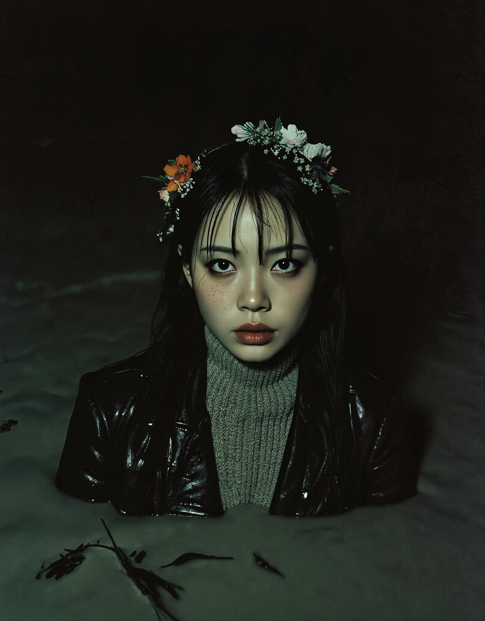 <lora:InstantPhotoX3:0.7>, 1girl, in water, freckles, ripples, long hair, wavy hair, upper body, forest, fox ear, choker, looking at viewer, moon, night, dark photo, blurry background