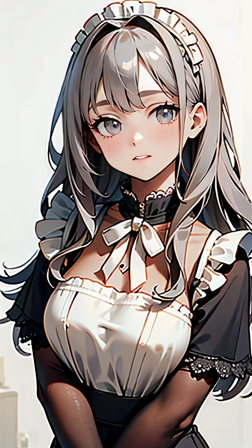 1girl,child,Lori huge breasts cleavage,Silvery hair,dual horsetail,Poor milk,curlies,Gothic Lolita costume,white backgrounid,Set the chart。