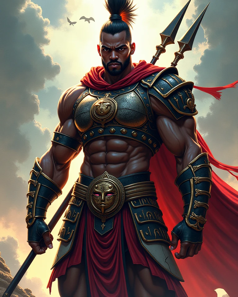 Guerreiro careca careca capesa raspada Zulu Africano, with spear in hand, Standing after victory, Valor , heroic pose bald man bald black beard