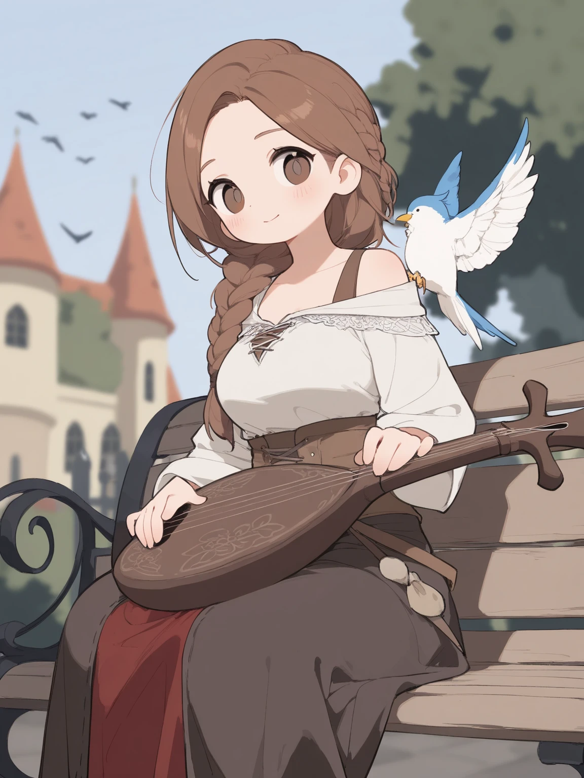 Medieval fantasy bard ,  Typical bard costume ,  A calm, mature beauty with brown hair and brown eyes ,  sitting on a medieval park bench and playing with a lute , Medieval Architecture,  High Quality , 8k,  Birds flying around while playing ,  Hairstyle with braided hair and one shoulder in front of one shoulder