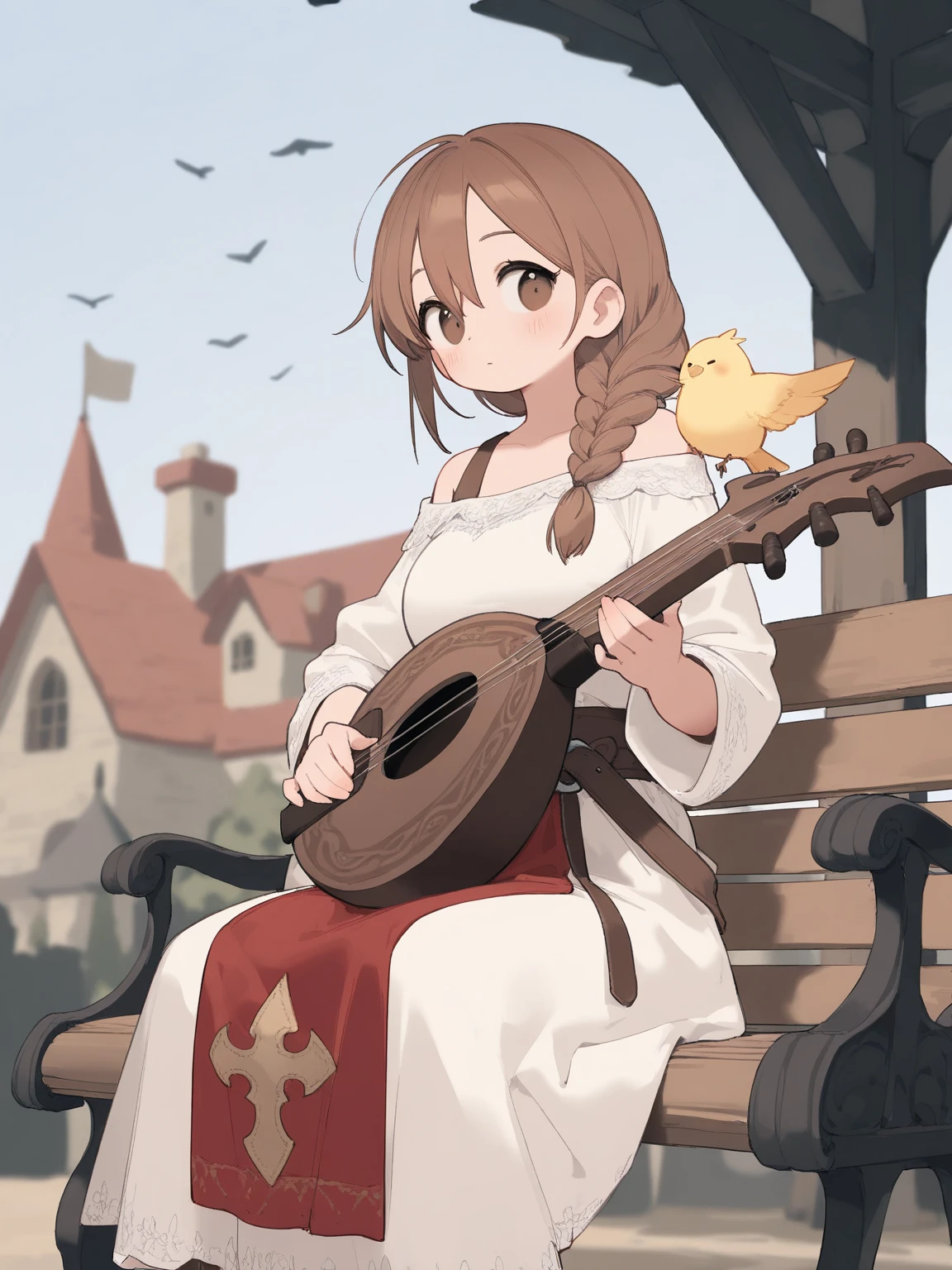 Medieval fantasy bard ,  Typical bard costume ,  A calm, mature beauty with brown hair and brown eyes ,  sitting on a medieval park bench and playing with a lute , Medieval Architecture,  High Quality , 8k,  Birds flying around while playing ,  Hairstyle with braided hair and one shoulder in front of one shoulder