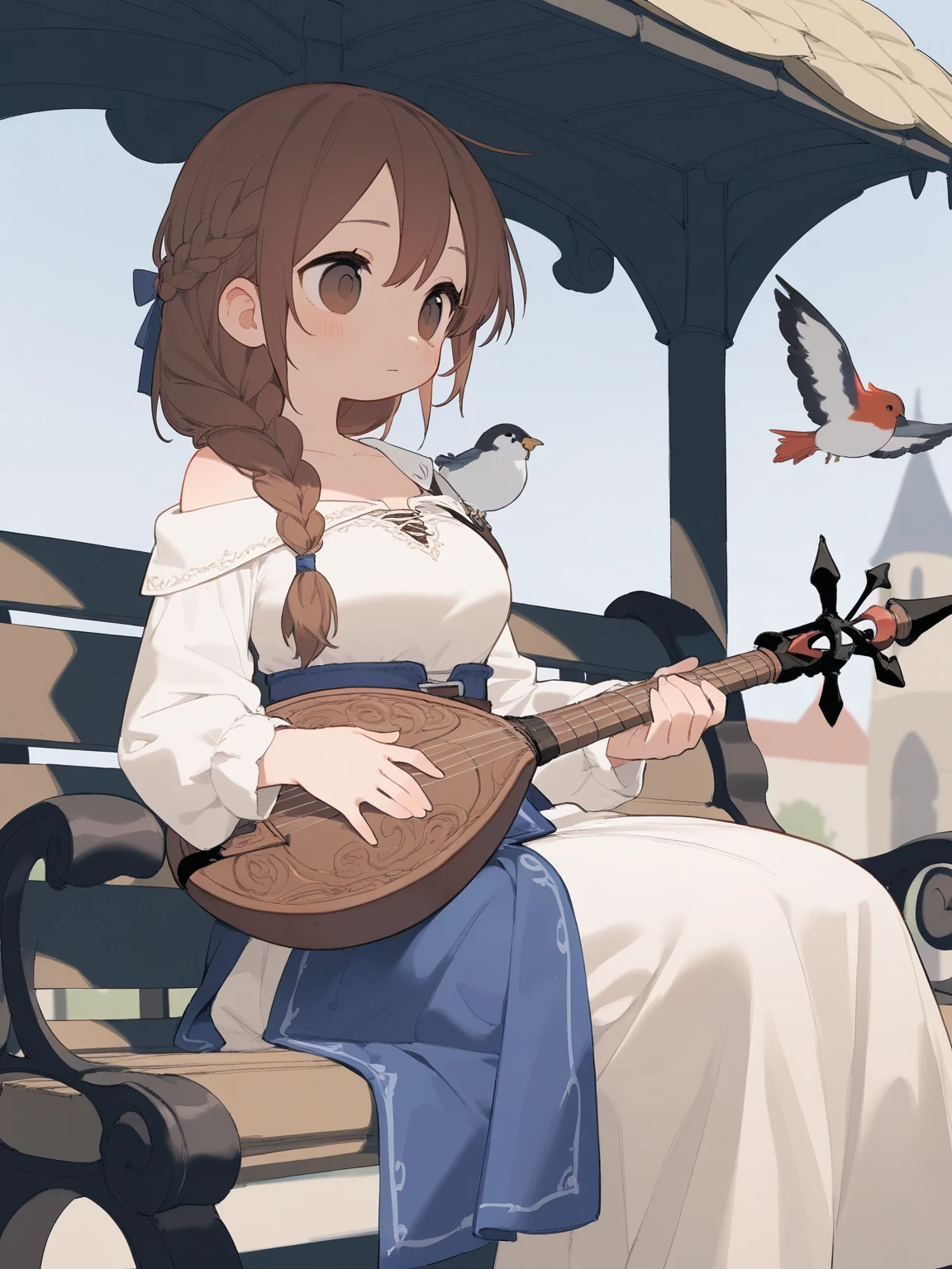 Medieval fantasy bard ,  Typical bard costume ,  A calm, mature beauty with brown hair and brown eyes ,  sitting on a medieval park bench and playing with a lute , Medieval Architecture,  High Quality , 8k,  Birds flying around while playing ,  Hairstyle with braided hair and one shoulder in front of one shoulder