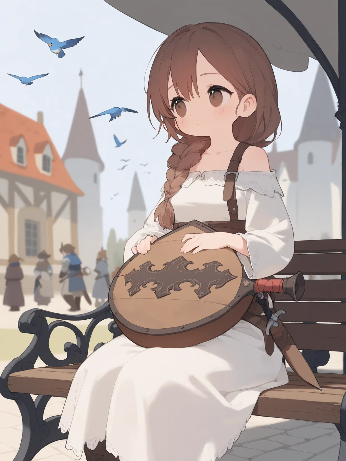 Medieval fantasy bard ,  Typical bard costume ,  A calm, mature beauty with brown hair and brown eyes ,  sitting on a medieval park bench and playing with a lute , Medieval Architecture,  High Quality , 8k,  Birds flying around while playing ,  Hairstyle with braided hair and one shoulder in front of one shoulder