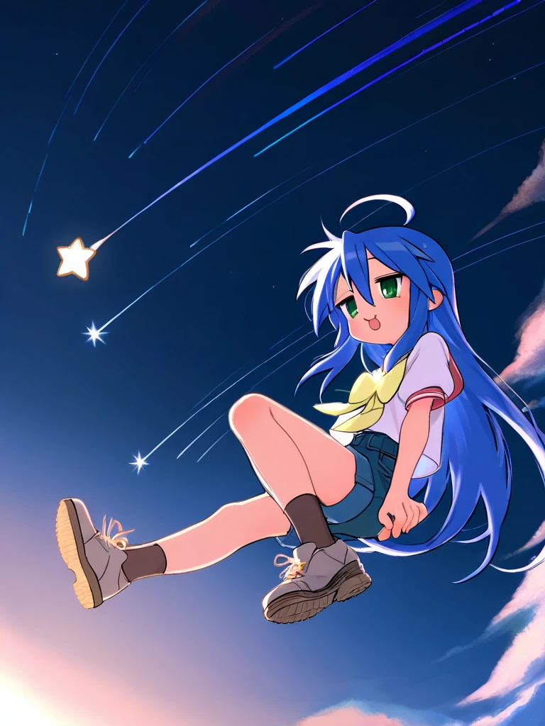 masterpiece, best quality, 1girl, izumi konata, lucky star, she's riding a shooting star, she's riding a shooting star, she's riding a shooting star,