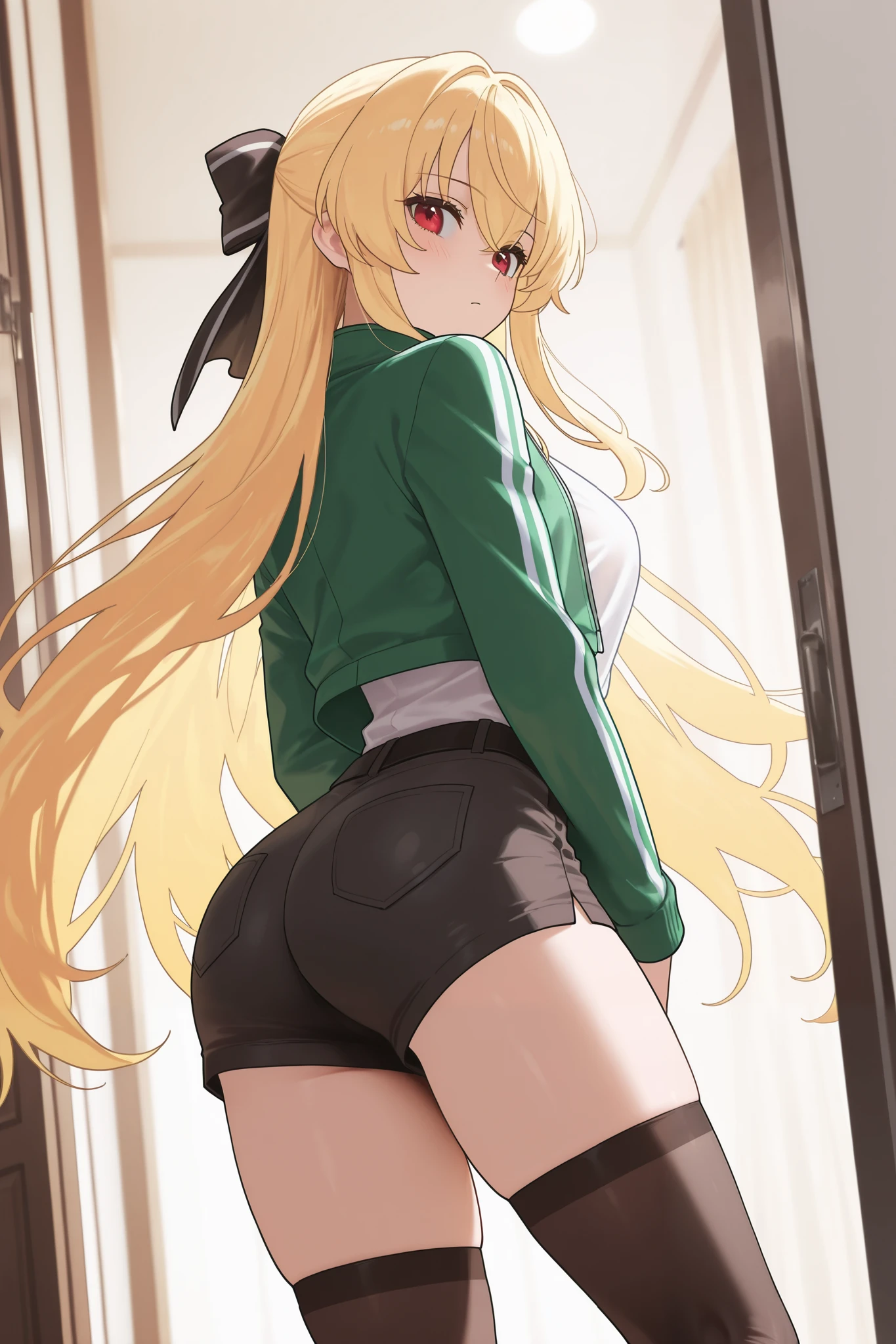 long Blond hair, body, big breasts, big ass, green eyes, sexy school clothings, skirt, tigh highs ,happy ,mischief, running