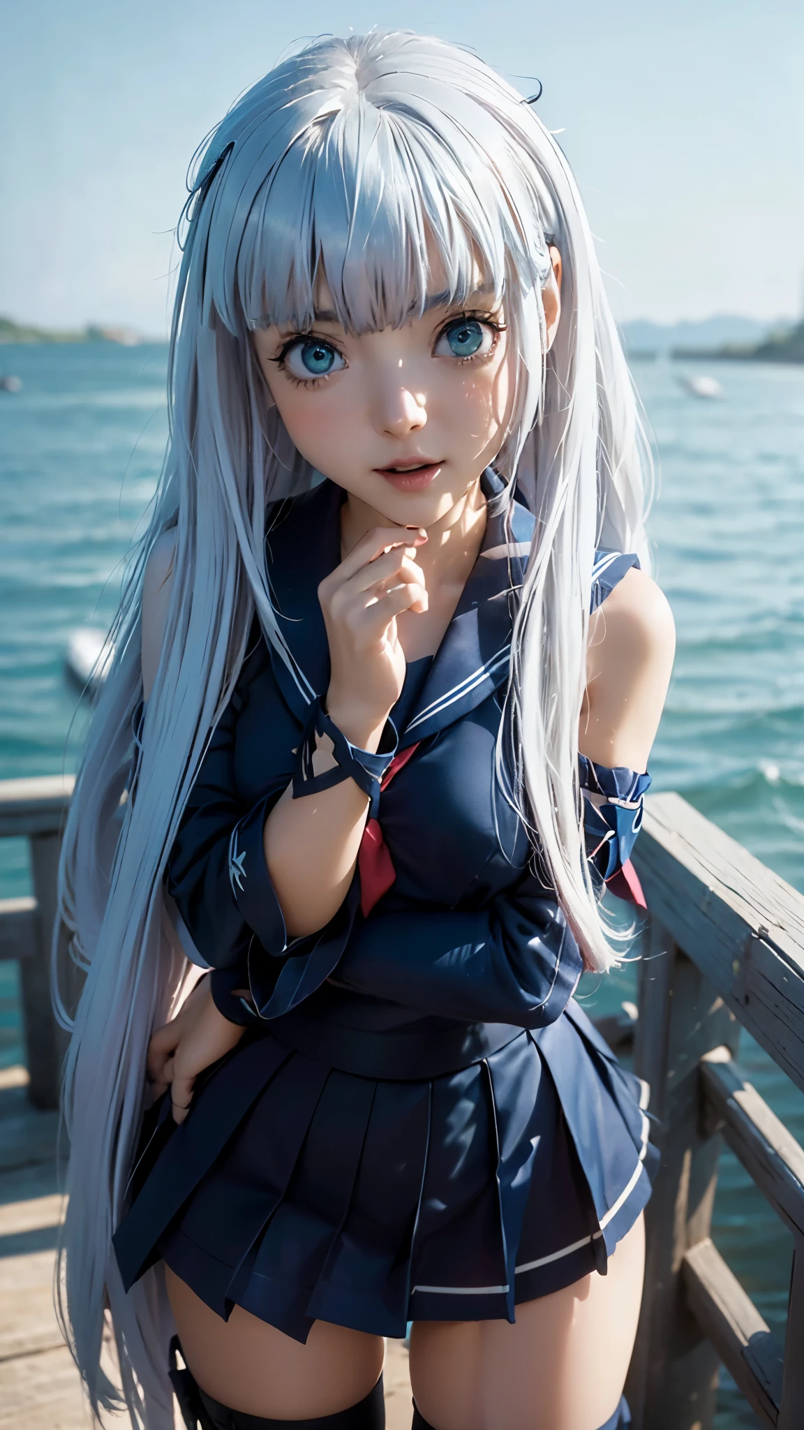 Landscape of a very beautiful 1girl, (((face exposed)))!!!, (cowboy shot), (((front focus))), (((background Blurry))), Bokeh, lens flare, photography with Fujifilm XT3, depth of field, film grain, female focus, BREAK, Iona/(Aoki Hagane no Arpeggio Ars Nova/), anime style, (((standing up at the end of a long pier)))!!!, ((Naval Base))!!!, ((((military ships))))!!!, (seagulls in the blue sky_blue sea at back), (looks at the audience with beautiful green iris like topaz)!, Ultra detailed eyes, ((Beautiful light green pupil's eyes like topaz :1.40))!!, Stars in her fixed eyes, (homochromatic eyes)!!!, happy smile, open mouth, long sleevemouth, (thin fresh peach lips)!, (Blush)!, (((blush face)))!!!, Perfect nose, Cute little nose, beatiful face, Face Clean, realistic Skin, hyper realistic, Perfect eyebrow appear through white hair, white hair bob pony, white hair bangs bob, white hair between eyes, (ultra shine white hair)!!, ((long straight white hair))!!, ((dynamic composition)), BREAK, detached sleeves, bare shoulders, /(((wear original costume of iona from Aoki Hagane no Arpeggio Ars Nova/)))!!!, (((dark blue school uniform_dark blue sailor collar_Red Tie_white line accent)))!!!, ((((dark blue elbow groove_bell sleeves)))!!!, (((dark blue pleated skirt_Black Tight boyshort panties inside)))!!!, medium breasts, ((medium breast cleavage))!!, slim legs, ((open skirt))!!, ((open smooth thigh))!!, ((white socks))!!, (boots shoe)!, vivid color clothes, detailed realistic clothes, BREAK, Best Quality, Masterpiece, Ultra-detailed, Beautiful, hight resolution, Original, CG 8K, perfect photo, dramatic lighting, Beautiful lighting, (((Realistic fantasy art)))!!!, Realistic, Full HD, Best Quality, award winning, (8k wallpaper of extremely detailed CG unit), High Details, sharp-focus, The art of dramatic and photorealistic painting, ((at the end of long pier bridge in naval base)), dynamic composition, breathtaking rendering, strong color, deep shadow