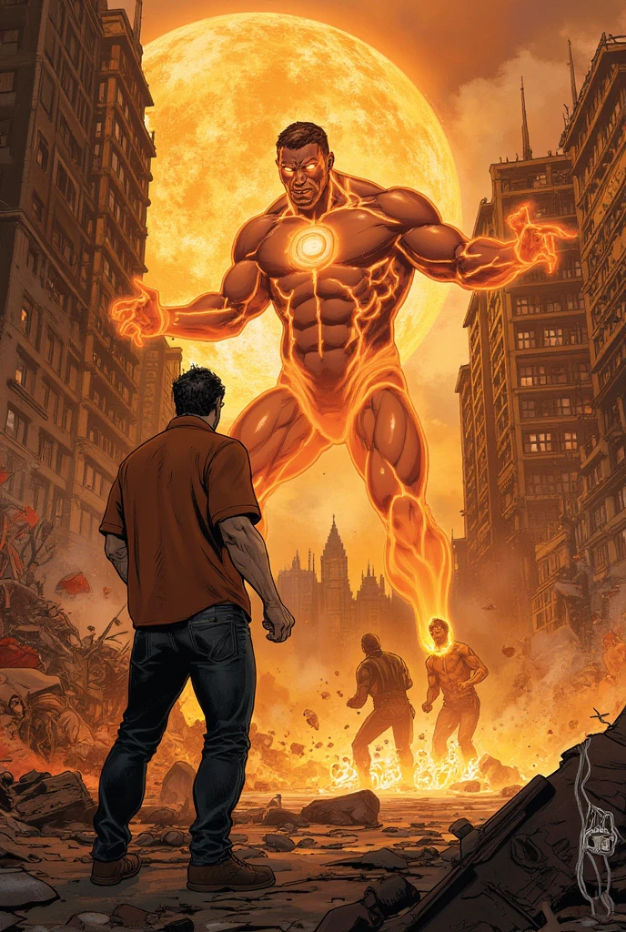 Dramatic confrontation in a ravaged cityscape on Earth. Ivan Volkov, a human with his body infused with photoreceptive nanoparticles, stands as a formidable foe. These nanoparticles allow him to absorb and convert solar energy into unparalleled strength, making his presence marked by intense heat. His skin glows with a fiery aura, and he is nearly invulnerable to conventional attacks. Ivan's eyes burn with a fierce determination, driven by his quest for power and disillusionment with the government. He is of average height and build, but his enhanced strength and energy make him a force to be reckoned with. Grant Mason, a hero with superhuman strength, teleportation, and gravitational manipulation abilities, prepares to face him. Grant's physique is athletic and robust, reflecting his enhanced biology from the quantum entanglement. His eyes are sharp and focused, filled with a sense of duty and responsibility. The battle between these two titans will determine the fate of nations as they clash amidst the ruins of a once-thriving metropolis