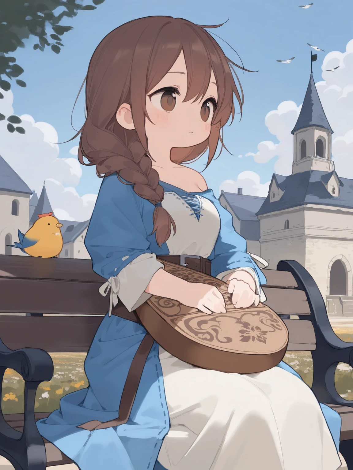 Medieval fantasy bard ,  Typical bard costume ,  A calm, mature beauty with brown hair and brown eyes ,  sitting on a medieval park bench and playing with a lute , Medieval Architecture,  High Quality , 8k,  Birds flying around while playing ,  Hairstyle with hair braided and worn in front of one shoulder, Bright Sun and Cloudy Blue Sky 