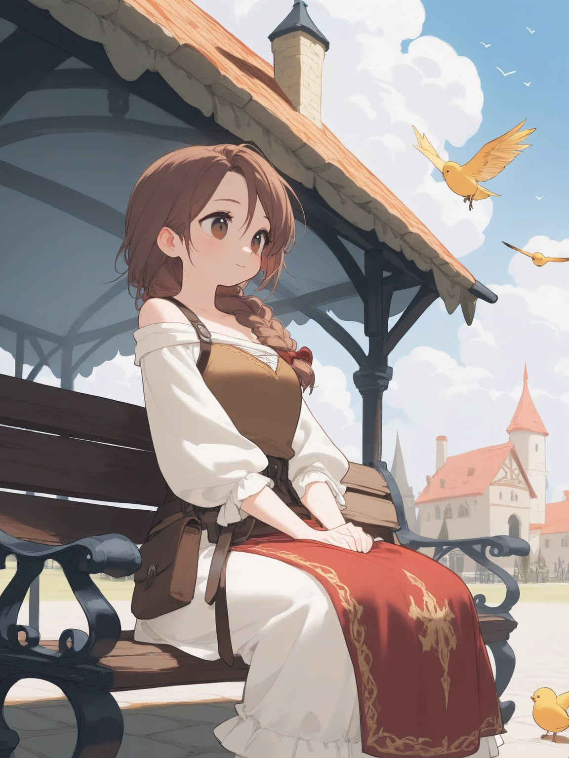 Medieval fantasy bard ,  Typical bard costume ,  A calm, mature beauty with brown hair and brown eyes ,  sitting on a medieval park bench and playing with a lute , Medieval Architecture,  High Quality , 8k,  Birds flying around while playing ,  Hairstyle with hair braided and worn in front of one shoulder, Bright Sun and Cloudy Blue Sky 