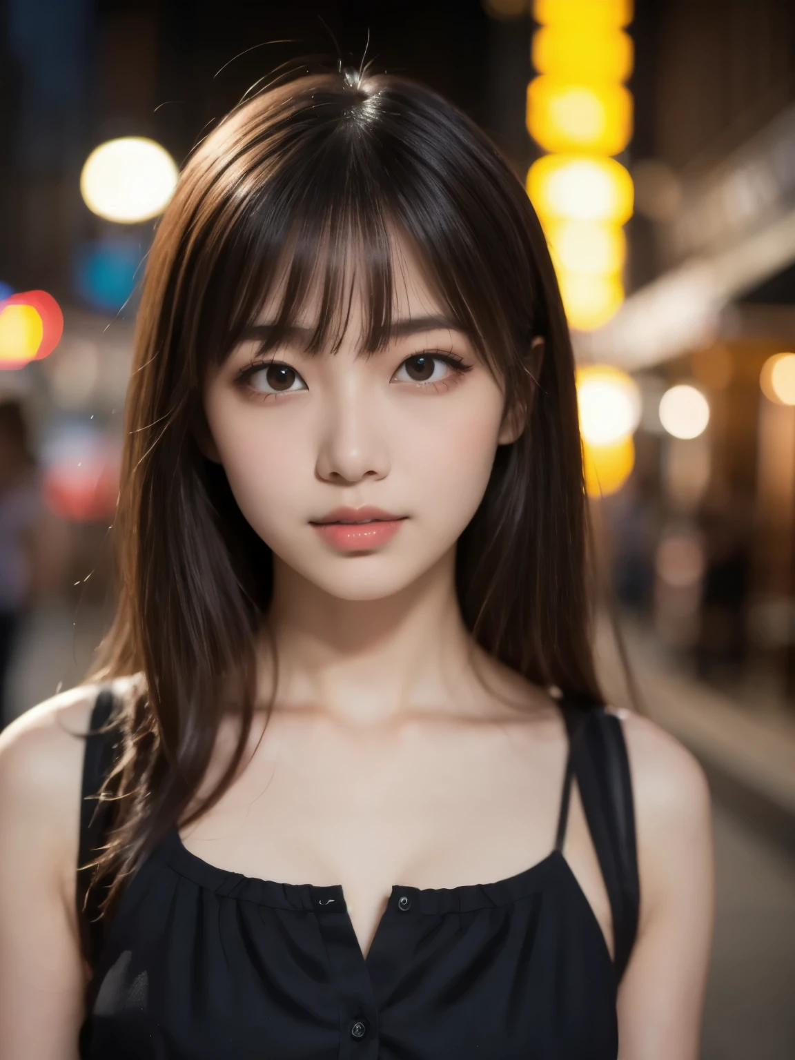 masterpiece, best quality, 8k, teen, raw photo, absurdres, award winning portrait, solo, night, neon, idol face, violaceaess, gardeniass, delicate girl, upper body, DSLR, looking at viewer, candid, sophisticated, youthful, thin arms, professional lighting, film grain, chromatic aberration, (detailed eyes and face:1.0), (bokeh:1.1)