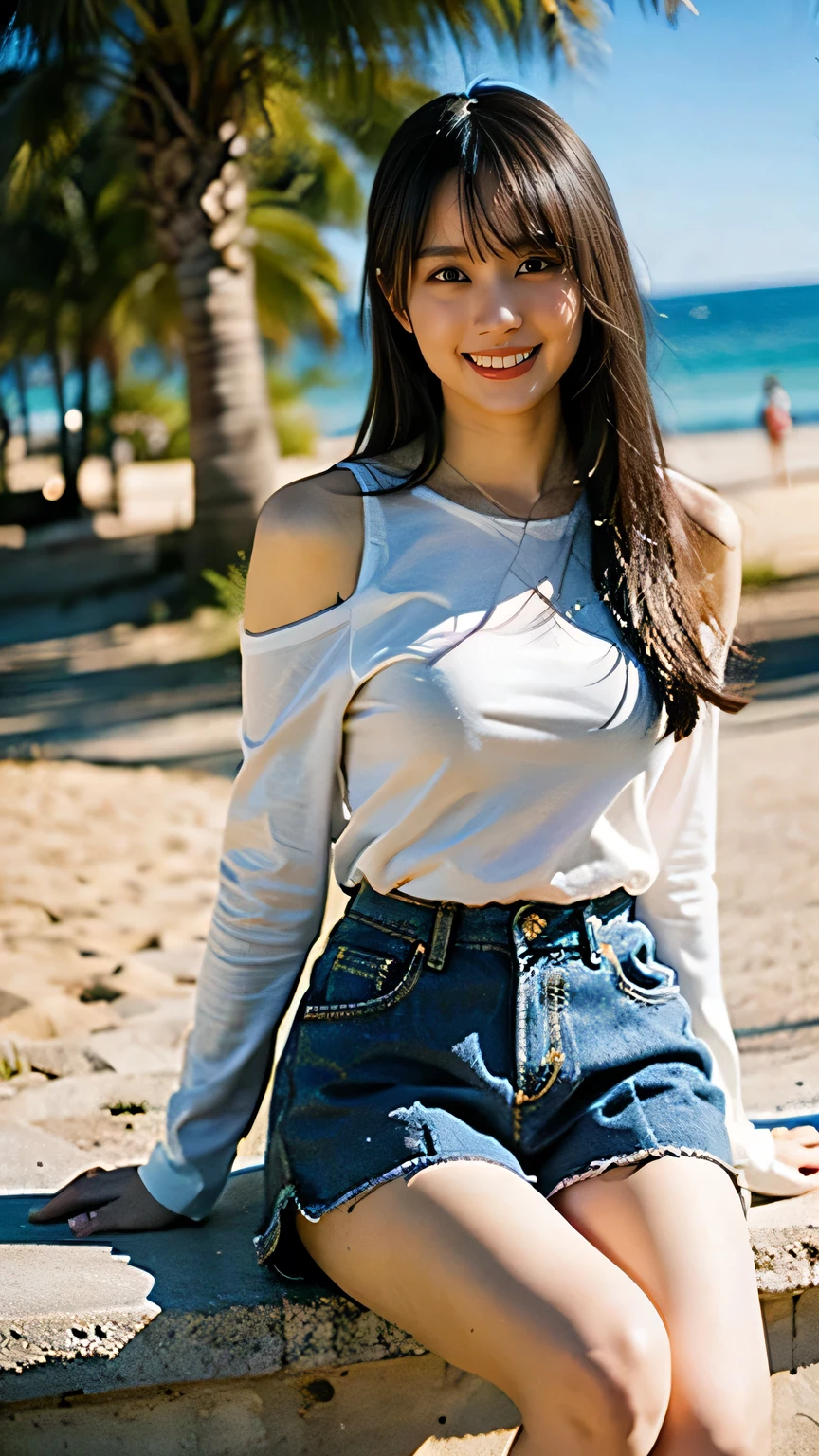 (8k、 RAW photos、 best quality 、Masterpiece:1.2)、( realistic、 Photorealistic)、 1 girl、(( Beach 、smile、 white shirt、 shorts、 big breasted、 front view、 stand with legs shoulder-width apart 、))、 lots of eyelashes on your hands、 Add Glow to Your Eyelids 、 and a skeletal correct 、smile、