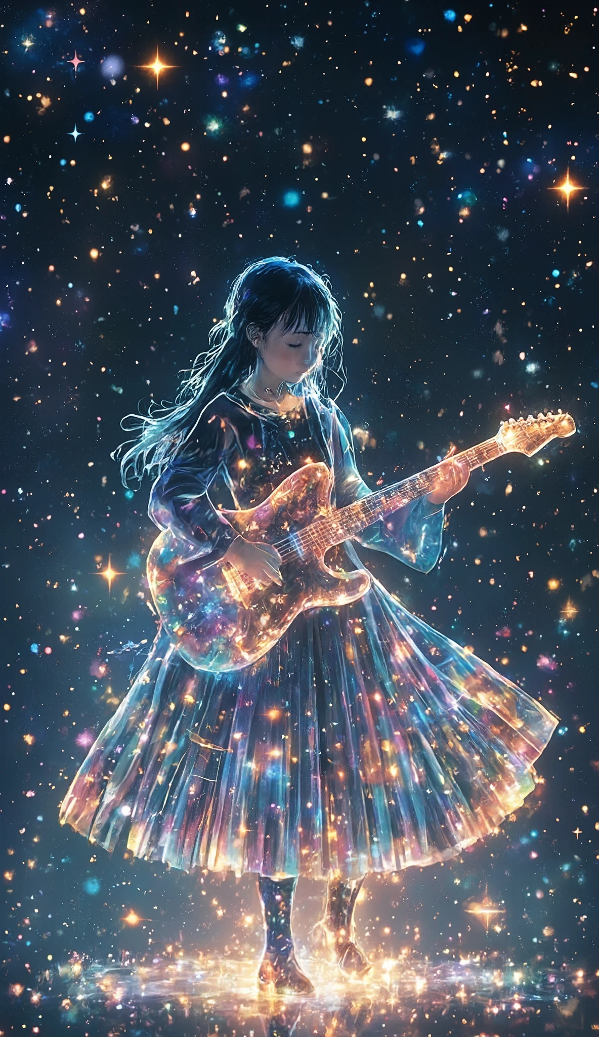 a girl, solo, playing a transformed guitar, mystically glowing star, ride on star stage, galaxy expression, glow line art wallpaper, layered papercut technique, phantasmal iridescent overlay coating, best quality, 8k, highres, masterpiece, ultra-detailed, realistic, photorealistic, photo-realistic, HDR, UHD, studio lighting, ultra-fine painting, sharp focus, physically-based rendering, extreme detail description, professional, vivid colors, bokeh, portraits, concept art