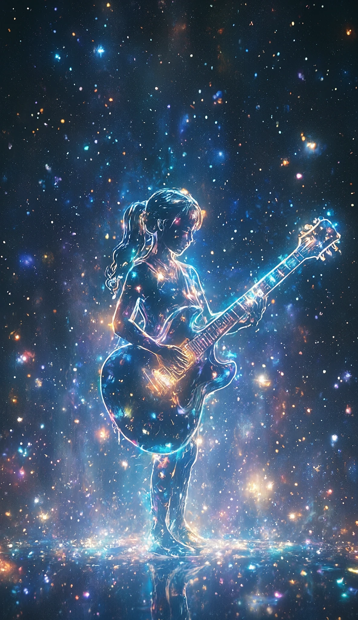 a girl, solo, playing a transformed guitar, mystically glowing star, ride on star stage, galaxy expression, glow line art wallpaper, layered papercut technique, phantasmal iridescent overlay coating, best quality, 8k, highres, masterpiece, ultra-detailed, realistic, photorealistic, photo-realistic, HDR, UHD, studio lighting, ultra-fine painting, sharp focus, physically-based rendering, extreme detail description, professional, vivid colors, bokeh, portraits, concept art