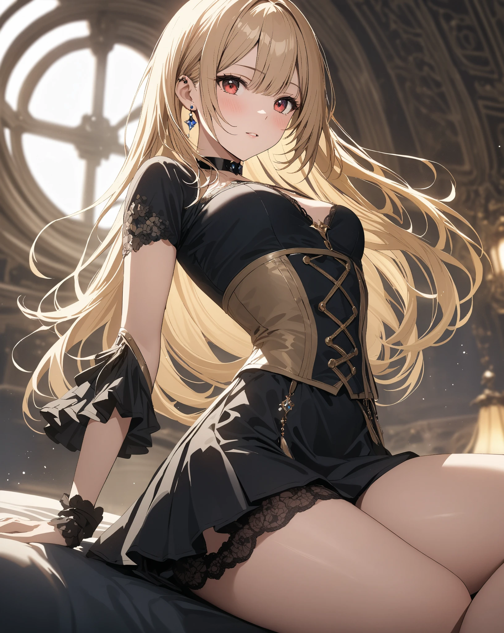 debris flies, highest quality, Highly detailed CG Unity 8K wallpaper, sexy witch , middle length hair、Dark blonde wavy hair、off shoulder knit, dark blue pleated skirt, stockings、medium breasts, saggy breasts, Pose that emphasizes the chest, blush, shy smile, bare shoulders, (((、open your legs wide、please open your knees)))、、nice magic book、church bed、lying in bed、stick out your butt、Red and black panties、Red and black bra