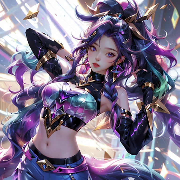 best quality, 1girl, solo, long hair, looking at viewer,  multicolored hair, earrings, detached sleeves, midriff, pants,  k/da \(league of legends\)