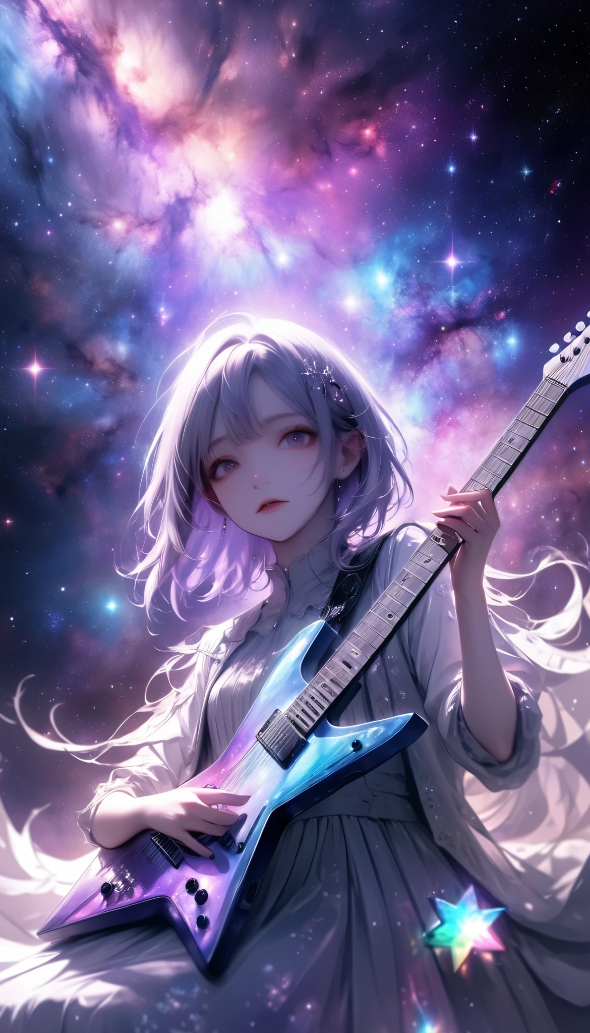 wallpaper, Combining Three-Dimensional Paper Cutting Techniques , Phantasmal iridescent Overlay Coatings , a girl , Alone, Playing Strange Guitar , Ride on Mysteriously Sparkling Stars , RIDE ON STAR STAGE , galaxy expression, Get inspired by all kinds of galaxy creations,