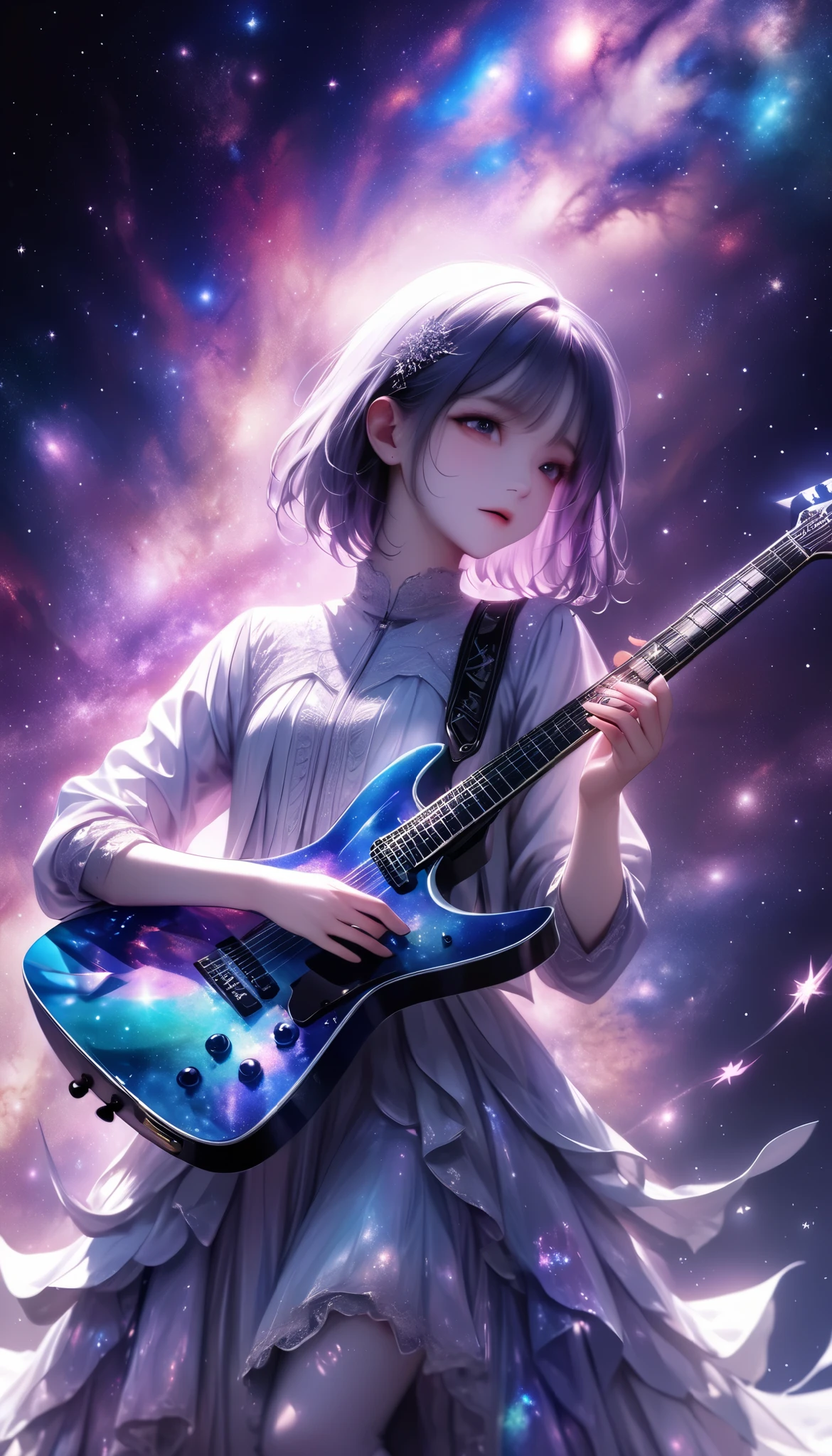 wallpaper, Combining Three-Dimensional Paper Cutting Techniques , Phantasmal iridescent Overlay Coatings , a girl , Alone, Playing Strange Guitar , Ride on Mysteriously Sparkling Stars , RIDE ON STAR STAGE , galaxy expression, Get inspired by all kinds of galaxy creations,