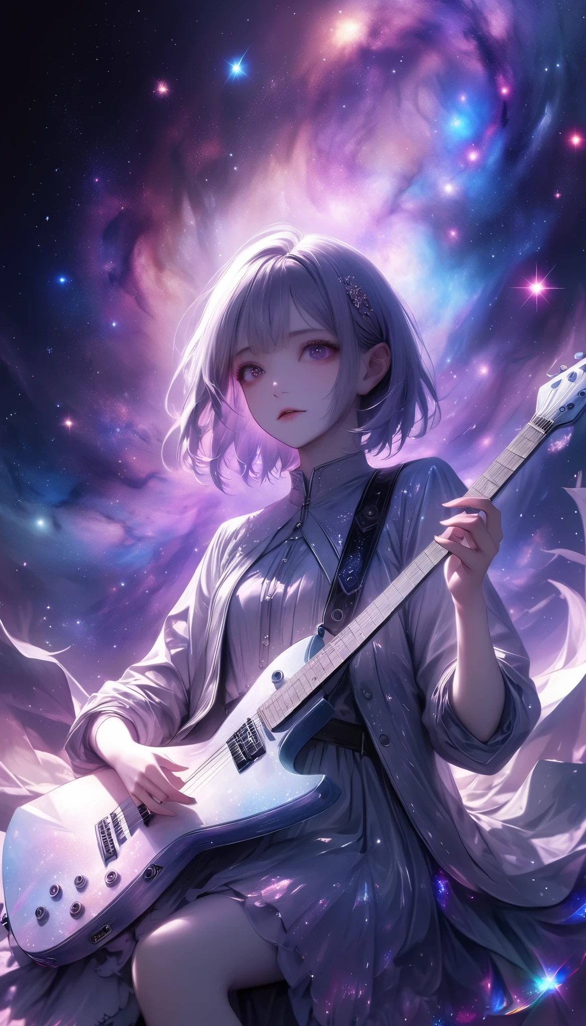 wallpaper, Combining Three-Dimensional Paper Cutting Techniques , Phantasmal iridescent Overlay Coatings , a girl , Alone, Playing Strange Guitar , Ride on Mysteriously Sparkling Stars , RIDE ON STAR STAGE , galaxy expression, Get inspired by all kinds of galaxy creations,