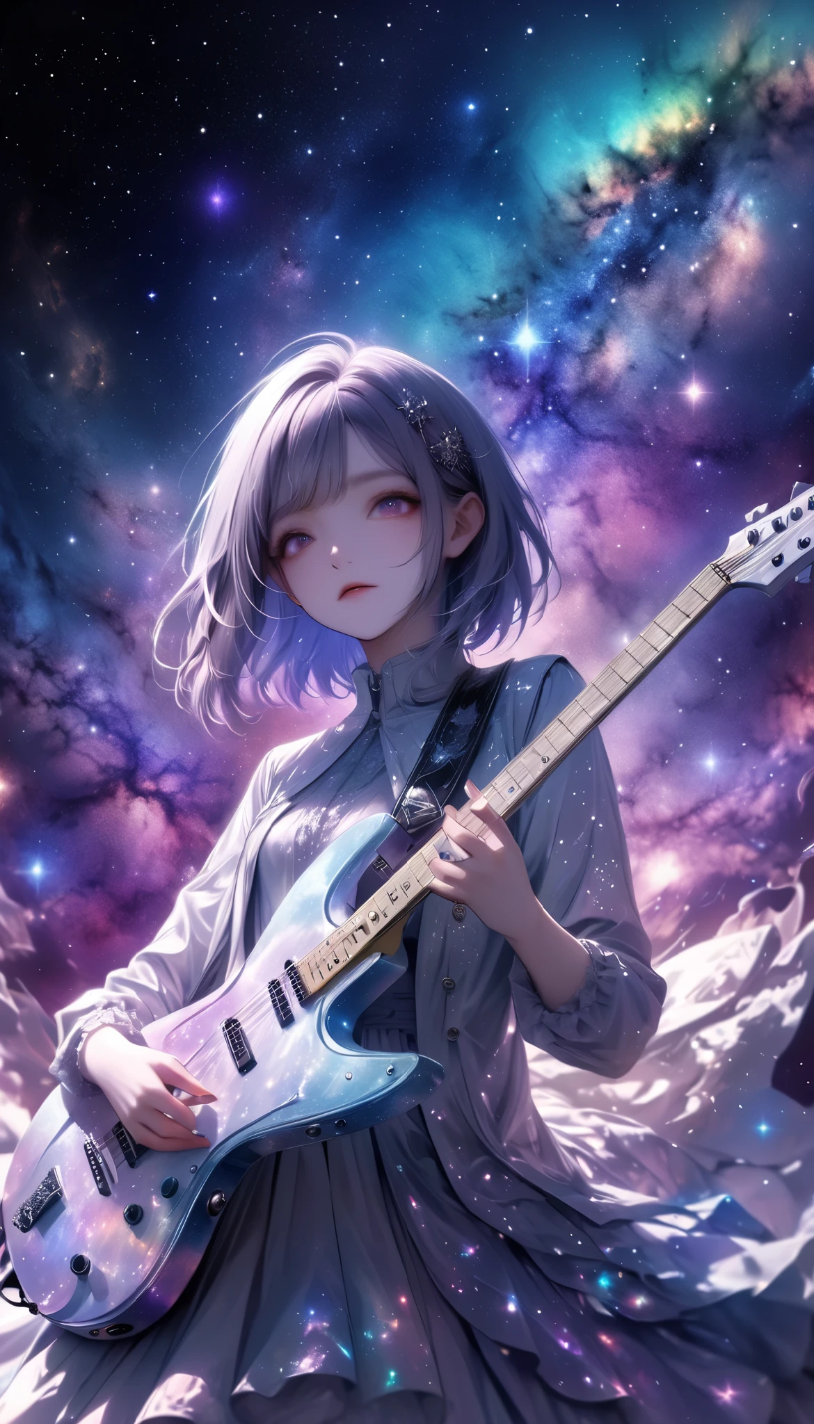 wallpaper, Combining Three-Dimensional Paper Cutting Techniques , Phantasmal iridescent Overlay Coatings , a girl , Alone, Playing Strange Guitar , Ride on Mysteriously Sparkling Stars , RIDE ON STAR STAGE , galaxy expression, Get inspired by all kinds of galaxy creations,