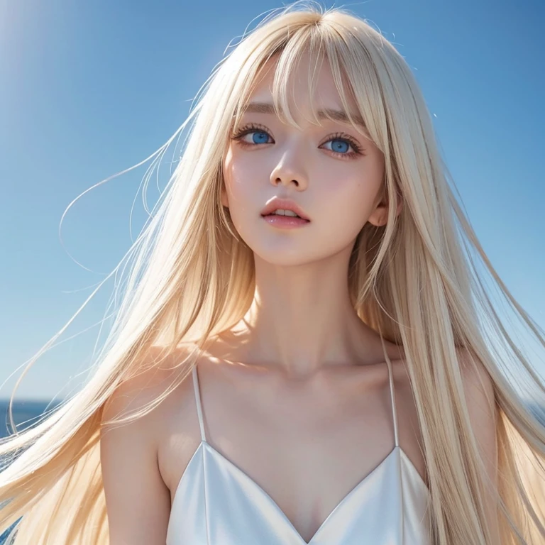 highest quality、masterpiece、ultra high resolution、(photorealistic:1.4)、1 girl、up to the shoulders、Charm、look at the camera、Bite、White blonde、bangs between the eyes、Super Long Straight Silky Hair、huge boobs、Healthy skin、delicate skin、Glowing bright pale sky blue big eyes、White shiny skin、cheek gloss highlight、
