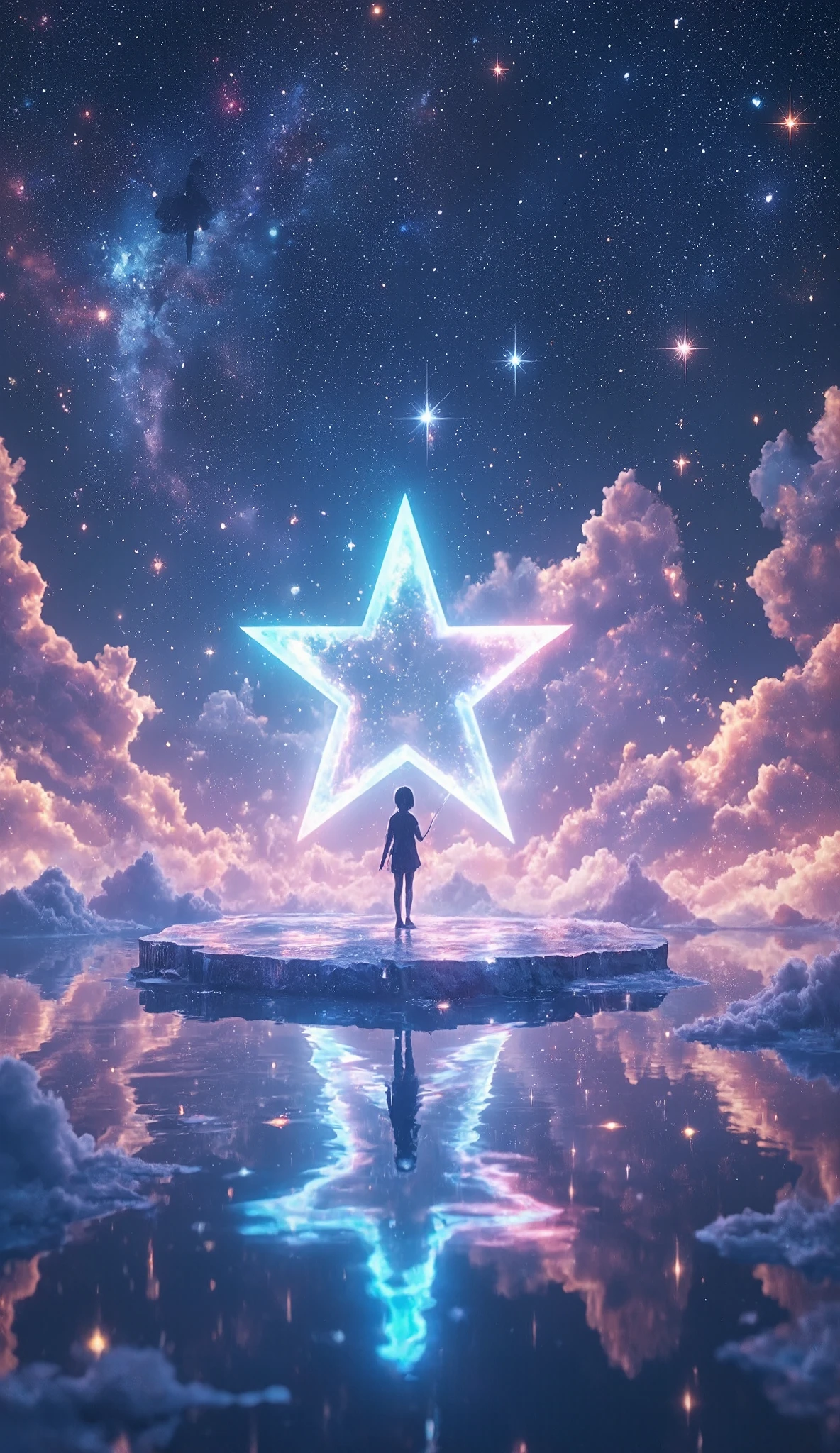 ( Glow Line Art Wallpaper , 3D Cutout Technique on a Star-shaped Stage , Phantasmal Iridescent Overlay Coating ), ( dynamic shot , Dutch Angle ), perfect silhouette girl , Alone, Galaxy Expression Live Background , Let's Fish the Earth , Ride on Mysteriously Sparkling Stars , ride on star , I'm Hanging a Fishing Rod , Galaxy Expression Live Background , Get Inspired by All Kinds of Galactic Creations , Maximize transparency, Cleaning Multi-Colored Line Lights , Clear Full Color Line Illumination Glow )), Transforms Light Reflections into Pure Light , World Composition Without Entities ,