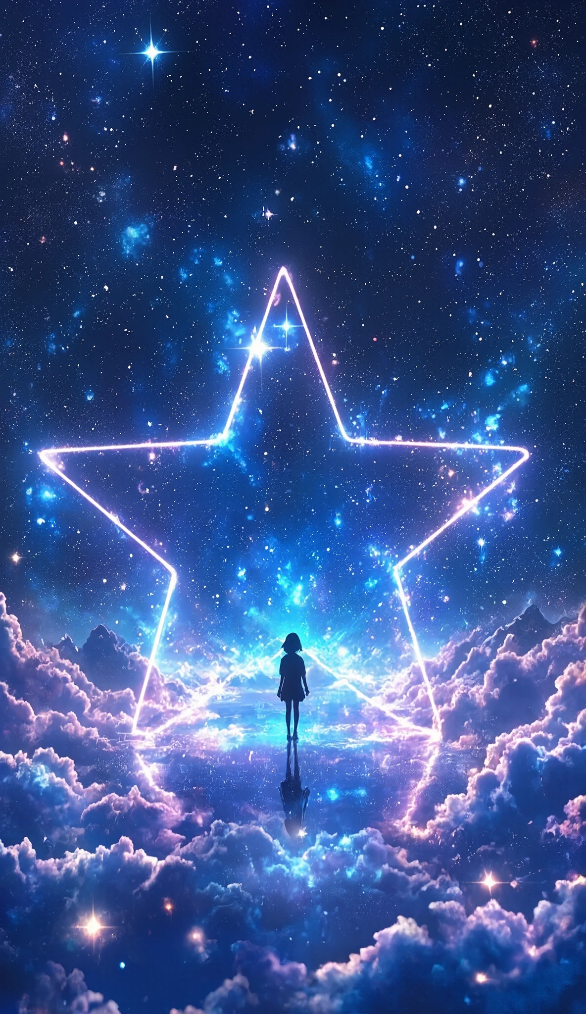 ( Glow Line Art Wallpaper , 3D Cutout Technique on a Star-shaped Stage , Phantasmal Iridescent Overlay Coating ), ( dynamic shot , Dutch Angle ), perfect silhouette girl , Alone, Galaxy Expression Live Background , Let's Fish the Earth , Ride on Mysteriously Sparkling Stars , ride on star , I'm Hanging a Fishing Rod , Galaxy Expression Live Background , Get Inspired by All Kinds of Galactic Creations , Maximize transparency, Cleaning Multi-Colored Line Lights , Clear Full Color Line Illumination Glow )), Transforms Light Reflections into Pure Light , World Composition Without Entities ,