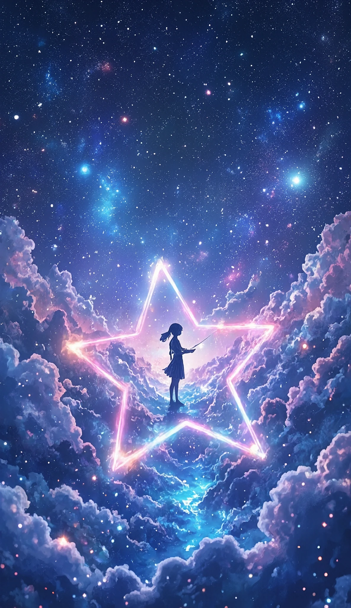 ( Glow Line Art Wallpaper , 3D Cutout Technique on a Star-shaped Stage , Phantasmal Iridescent Overlay Coating ), ( dynamic shot , Dutch Angle ), perfect silhouette girl , Alone, Galaxy Expression Live Background , Let's Fish the Earth , Ride on Mysteriously Sparkling Stars , ride on star , I'm Hanging a Fishing Rod , Galaxy Expression Live Background , Get Inspired by All Kinds of Galactic Creations , Maximize transparency, Cleaning Multi-Colored Line Lights , Clear Full Color Line Illumination Glow )), Transforms Light Reflections into Pure Light , World Composition Without Entities ,