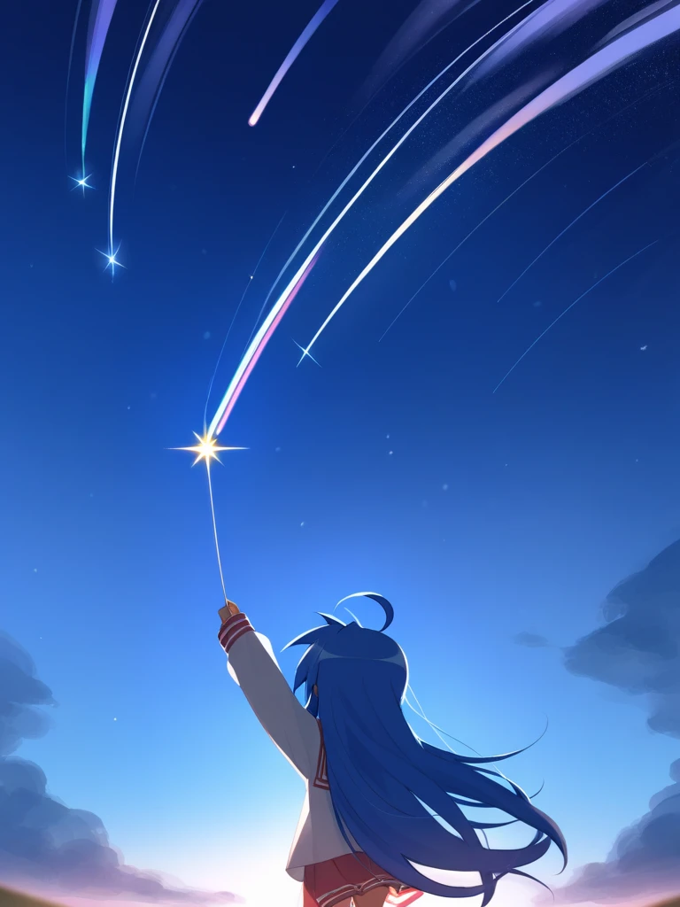 masterpiece, best quality, 1girl, izumi konata, lucky star, she's riding a shooting star, she's riding a shooting star, she's riding a shooting star, riding on a shooting star, riding on a shooting star, riding on a shooting star,