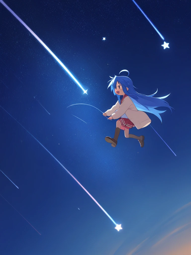 masterpiece, best quality, 1girl, izumi konata, lucky star, she's riding a shooting star, she's riding a shooting star, she's riding a shooting star, riding on a shooting star, riding on a shooting star, riding on a shooting star,