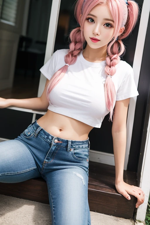  pink hair、 Long Twin Tails 、 very short black jeans 、Yellow-green eyes、 big breasts、 short white t-shirt with belly sticking out、luxurious boots 