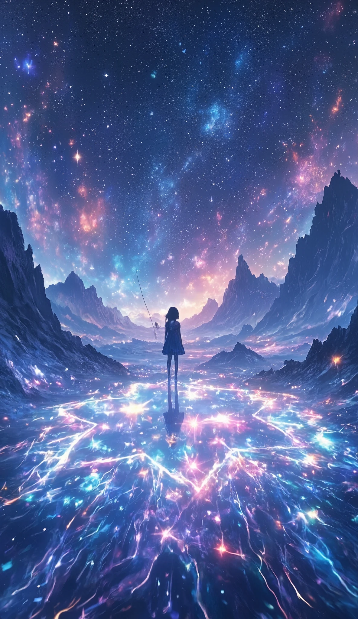 ( Glow Line Art Wallpaper , 3D Cutout Technique on a Star-shaped Stage , Phantasmal Iridescent Overlay Coating ), ( dynamic shot , Dutch Angle ), perfect silhouette girl , Alone, Galaxy Expression Live Background , Let's Fish the Earth , Ride on Mysteriously Sparkling Stars , ride on star , I'm Hanging a Fishing Rod , Galaxy Expression Live Background , Get Inspired by All Kinds of Galactic Creations , Maximize transparency, Cleaning Multi-Colored Line Lights , Clear Full Color Line Illumination Glow )), Transforms Light Reflections into Pure Light , World Composition Without Entities ,