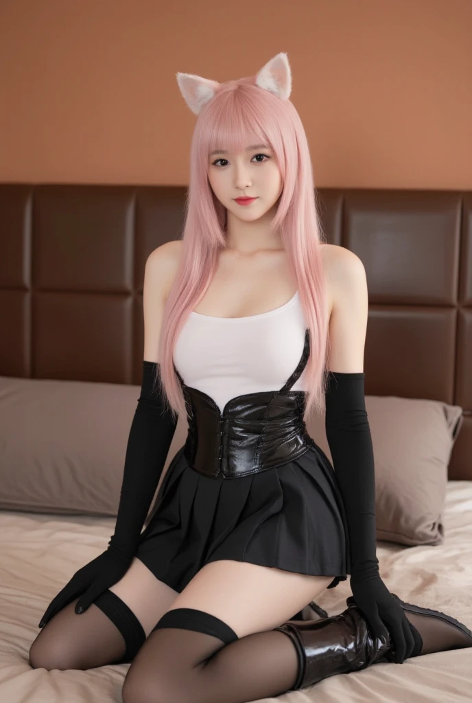 There is a woman in a pink wig and black sitting on a bench, anime girl role play, anime girl squatting, role play, Danganronpa Enoshima Junko, anime role play, ayaka role play, Pink ponytail hair and cyan eyes, Danganronpa Nanami Qianqiu, anime characters; full body art