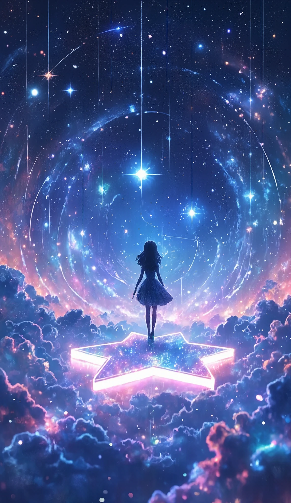 ( Glow Line Art Wallpaper , 3D Cutout Technique on a Star-shaped Stage , Phantasmal Iridescent Overlay Coating ), ( dynamic shot , Dutch Angle ), perfect silhouette girl , Alone, Galaxy Expression Live Background , Let's Fish the Earth , Ride on Mysteriously Sparkling Stars , ride on star , I'm Hanging a Fishing Rod , Galaxy Expression Live Background , Get Inspired by All Kinds of Galactic Creations , Maximize transparency, Cleaning Multi-Colored Line Lights , Clear Full Color Line Illumination Glow )), Transforms Light Reflections into Pure Light , World Composition Without Entities ,