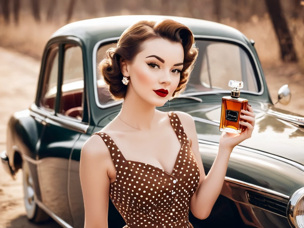 A girl is standing near a retro car, the girl is wearing a brown dress with polka dots, and she is holding a bottle of perfume in her hands. Pin-up style picture