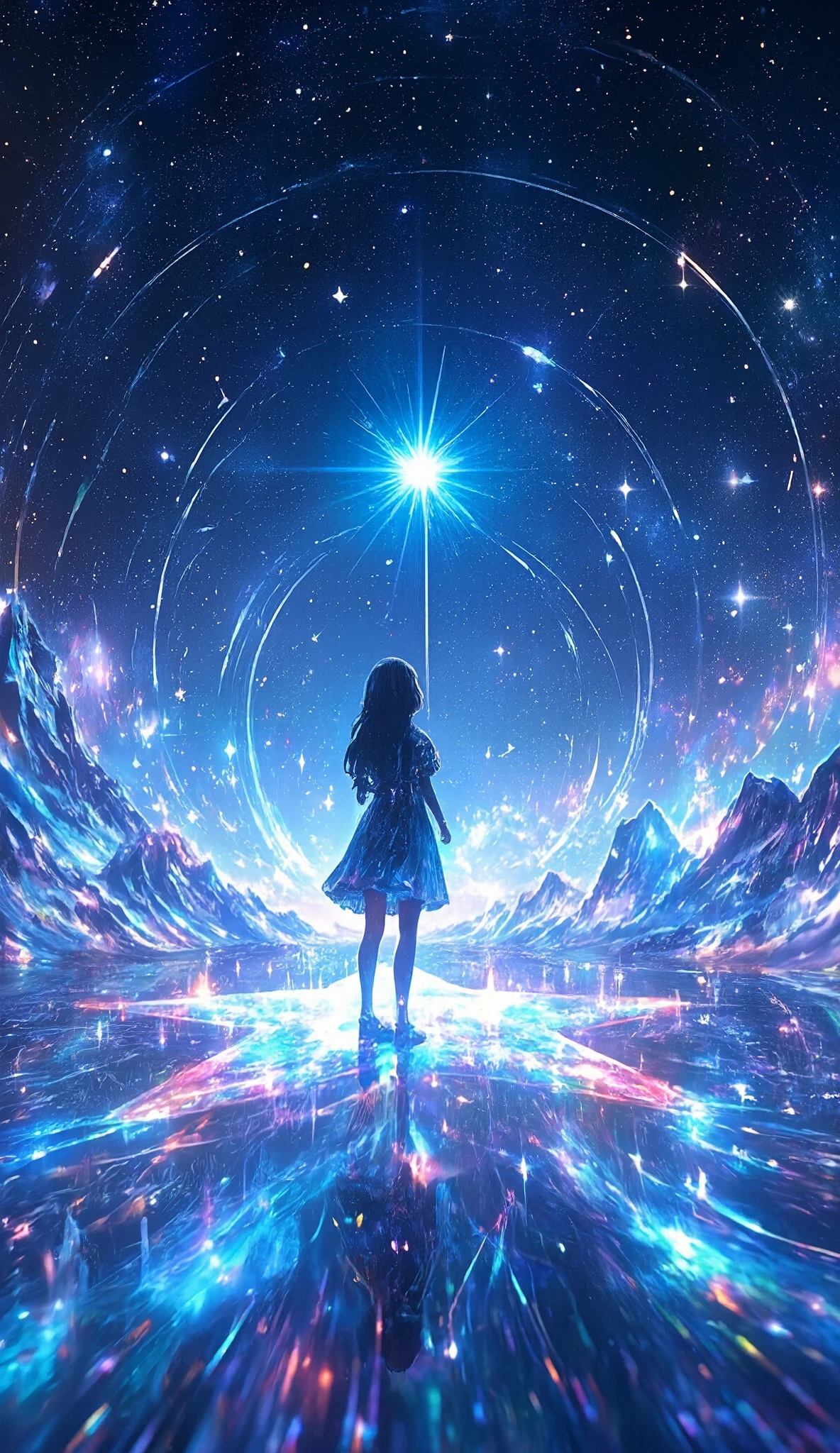 ( Glow Line Art Wallpaper , 3D Cutout Technique on a Star-shaped Stage , Phantasmal Iridescent Overlay Coating ), ( dynamic shot , Dutch Angle ), perfect silhouette girl , Alone, Galaxy Expression Live Background , Let's Fish the Earth , Ride on Mysteriously Sparkling Stars , ride on star , I'm Hanging a Fishing Rod , Galaxy Expression Live Background , Get Inspired by All Kinds of Galactic Creations , Maximize transparency, Cleaning Multi-Colored Line Lights , Clear Full Color Line Illumination Glow )), Transforms Light Reflections into Pure Light , World Composition Without Entities ,