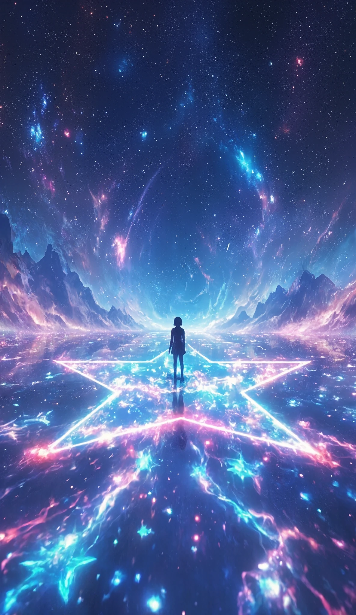 ( Glow Line Art Wallpaper , 3D Cutout Technique on a Star-shaped Stage , Phantasmal Iridescent Overlay Coating ), ( dynamic shot , Dutch Angle ), perfect silhouette girl , Alone, Galaxy Expression Live Background , Let's Fish the Earth , Ride on Mysteriously Sparkling Stars , ride on star , I'm Hanging a Fishing Rod , Galaxy Expression Live Background , Get Inspired by All Kinds of Galactic Creations , Maximize transparency, Cleaning Multi-Colored Line Lights , Clear Full Color Line Illumination Glow )), Transforms Light Reflections into Pure Light , World Composition Without Entities ,