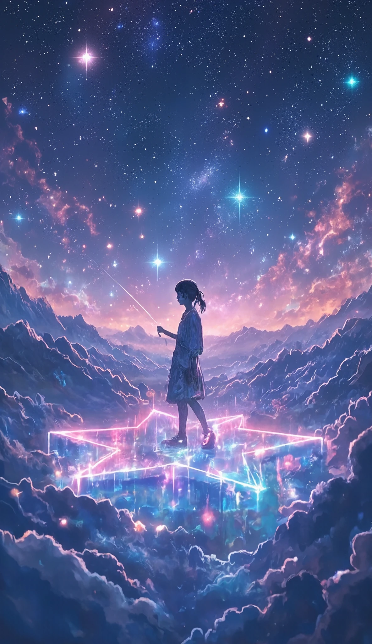 ( Glow Line Art Wallpaper , 3D Cutout Technique on a Star-shaped Stage , Phantasmal Iridescent Overlay Coating ), ( dynamic shot , Dutch Angle ), perfect silhouette girl , Alone, Galaxy Expression Live Background , Let's Fish the Earth , Ride on Mysteriously Sparkling Stars , ride on star , I'm Hanging a Fishing Rod , Galaxy Expression Live Background , Get Inspired by All Kinds of Galactic Creations , Maximize transparency, Cleaning Multi-Colored Line Lights , Clear Full Color Line Illumination Glow )), Transforms Light Reflections into Pure Light , World Composition Without Entities ,