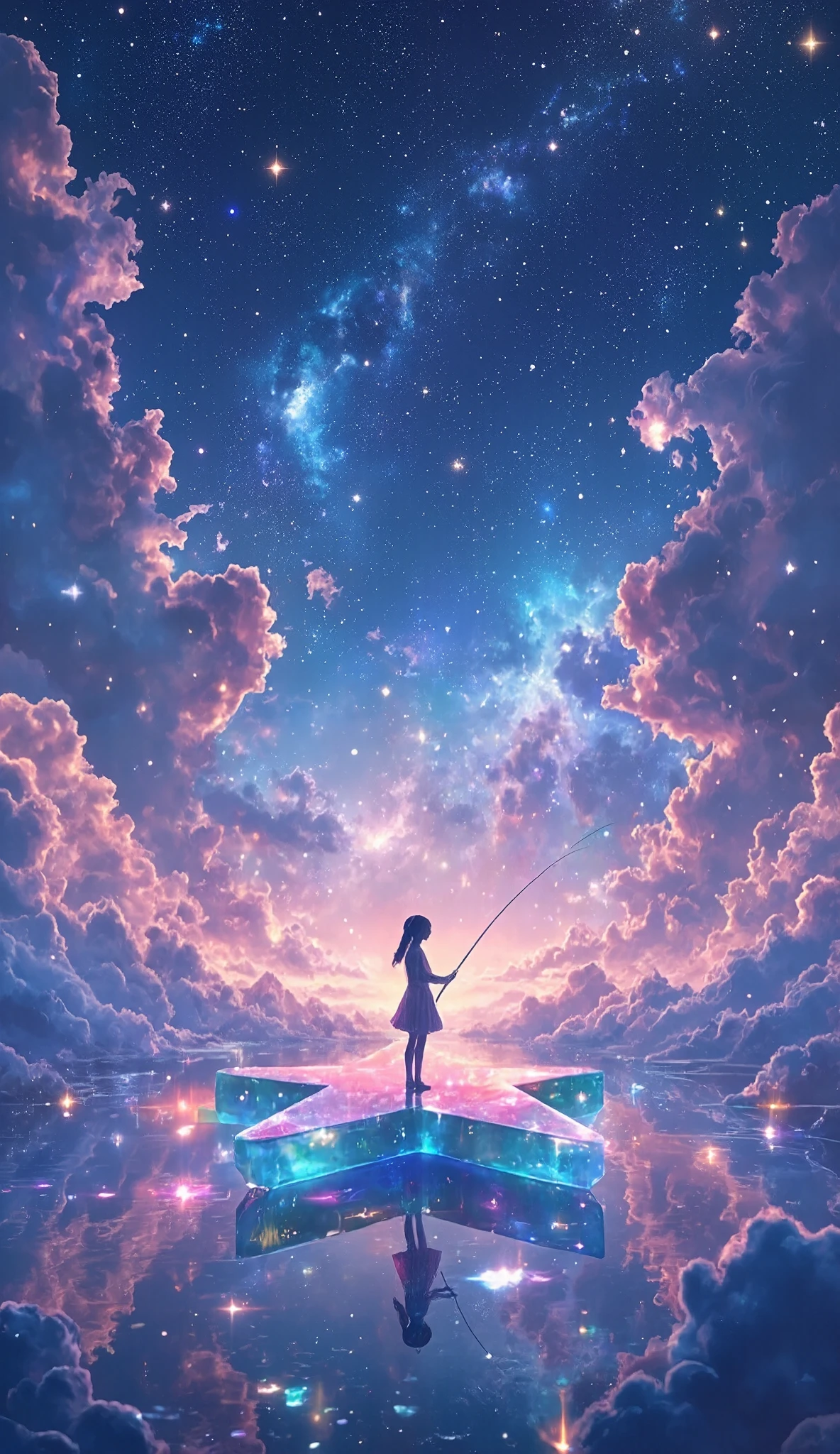 ( Glow Line Art Wallpaper , 3D Cutout Technique on a Star-shaped Stage , Phantasmal Iridescent Overlay Coating ), ( dynamic shot , Dutch Angle ), perfect silhouette girl , Alone, Galaxy Expression Live Background , Let's Fish the Earth , Ride on Mysteriously Sparkling Stars , ride on star , I'm Hanging a Fishing Rod , Galaxy Expression Live Background , Get Inspired by All Kinds of Galactic Creations , Maximize transparency, Cleaning Multi-Colored Line Lights , Clear Full Color Line Illumination Glow )), Transforms Light Reflections into Pure Light , World Composition Without Entities ,