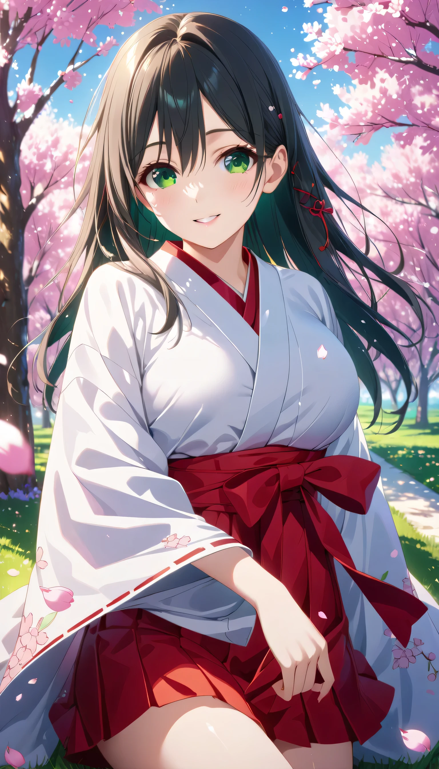 ((ultra-detailed)),   (highly detailed CG illustration),  (best quality:1.2),  ultra-highly detailed,  colorful composition, artistic photoshoot, score_9, score_8_up, 1girl, solo focus,  amagamiyae, black hair, green eyes, red ribbon, hair ribbon, japanese clothes, miko, hakama skirt, red hakama, white kimono, ample breasts, wide sleeves, looking at viewer, slight smile, beautiful detailed sky, cherry blossom petals, cherry trees, row of cherry trees, breeze, petals dancing in the wind, portrait, depth of field, soft lighting, sidelighting, (shine), lighting, caustics, ray tracing, smile, perfect face, lustrous skin, highly  detailed face, highly detailed eyes, perfect face, perfect nose, perfect hair, perfect eyes, perfect anatomy, beautiful hair, beautiful small face, extremely detailed face, beautiful detailed eyes, beautiful clavicle, beautiful body, beautiful huge breasts, leavage, breasts squeezed together, equalize the size of the left and right breasts, beautiful thin thighs,  beautiful legs, beautiful fingers, 4 fingers, 1 thumb, lovely, (very detailed background:1.0), (highly detailed background:1.0), winter aesthetic, intricate details, joyful atmosphere, winter colors palette, chromatic aberration