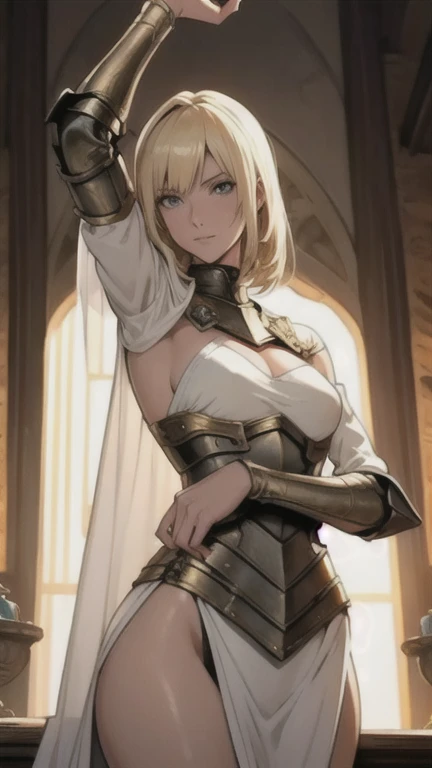 best quality, masterpiece,highly detailed,anime,1girl, adult face, mature face, mature female, mature woman, mature beauty, adult blonde, mature blonde,upper body,(jeanne d'arc),medium breasts,perfect face,blond hair,long hair,(white clothes),(bare shoulder),armored dress,no armor on breasts,breasts covered by white clothes from above,chain,headwear,flag,battlefield in background,depth of field,looking at viewer,cinematic lighting,