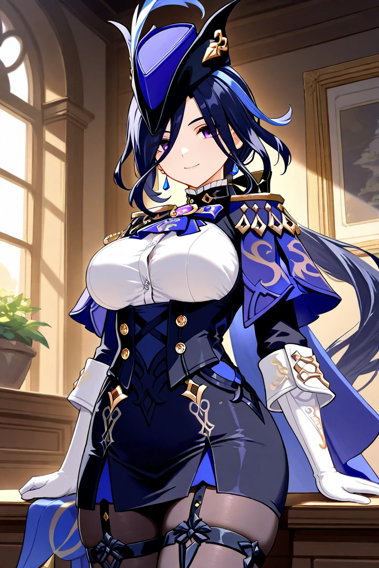 masterpiece, Highest quality, Perfect functionality, Intricate details, Ray Tracing, up to date,(Hitenkei, Asksy:0.4), One girl, Clolinde \(Genshin Impact\), Three-cornered hat, Black Pantyhose, Earrings, Blue Cape, White gloves, Pencil Skirt, White shirt, Thigh straps, Underbust, Ascot, Black jacket, A light smile, garden, Outdoor, Depth of written boundary, flower,