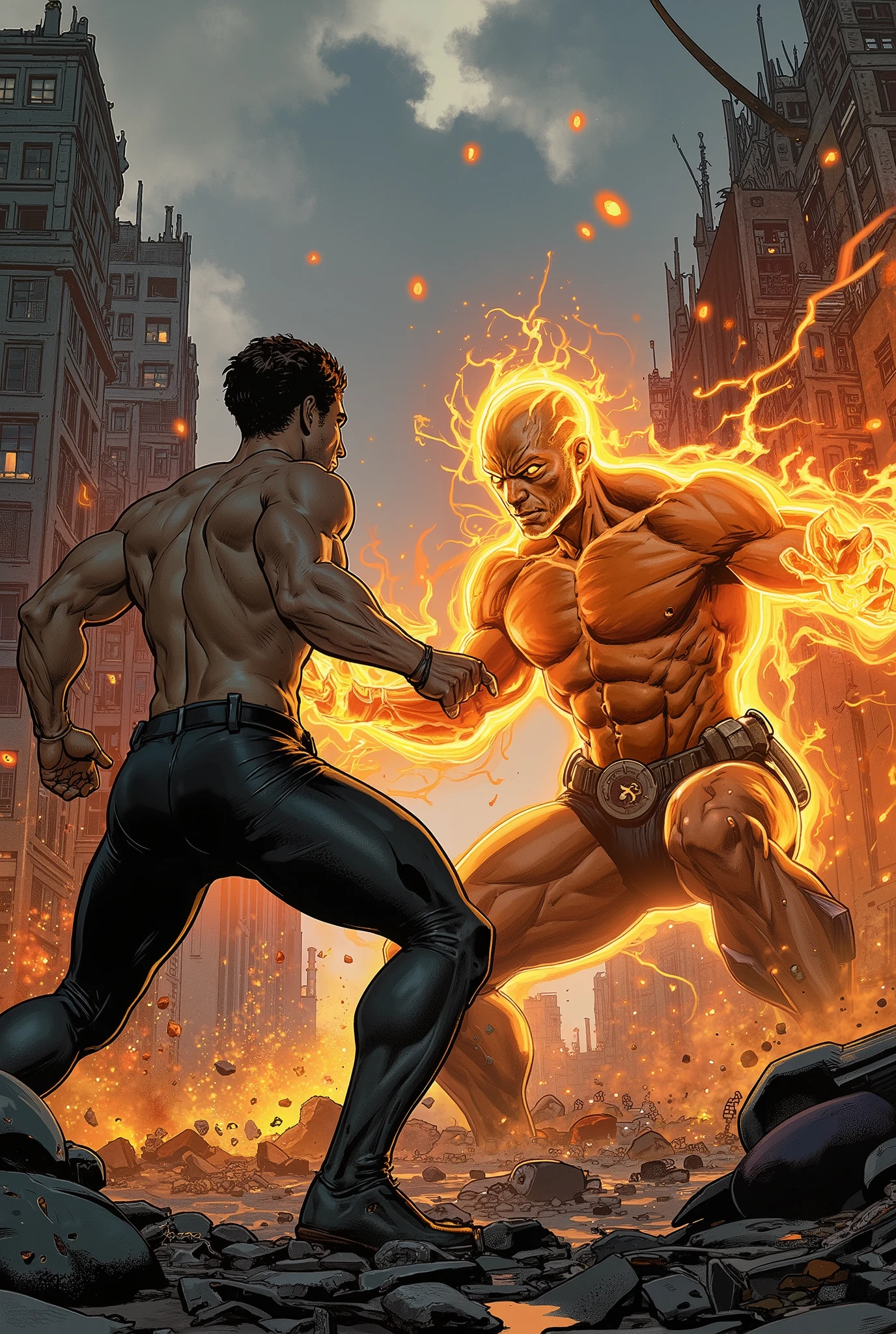 Dramatic confrontation in a ravaged cityscape on Earth. Ivan Volkov, a human with his body infused with photoreceptive nanoparticles, stands as a formidable foe. These nanoparticles allow him to absorb and convert solar energy into unparalleled strength, making his presence marked by intense heat. His skin glows with a fiery aura, and he is nearly invulnerable to conventional attacks. Ivan is of average height and build, with no exaggerated size or features, but his enhanced strength and energy make him a force to be reckoned with. He is driven by a fierce determination and a quest for power, fueled by his disillusionment with the government. Grant Mason, a hero with superhuman strength, teleportation, and gravitational manipulation abilities, prepares to face him. Grant's physique is athletic and robust, reflecting his enhanced biology from the quantum entanglement. His eyes are sharp and focused, filled with a sense of duty and responsibility. The battle between these two titans will determine the fate of nations as they clash amidst the ruins of a once-thriving metropolis.