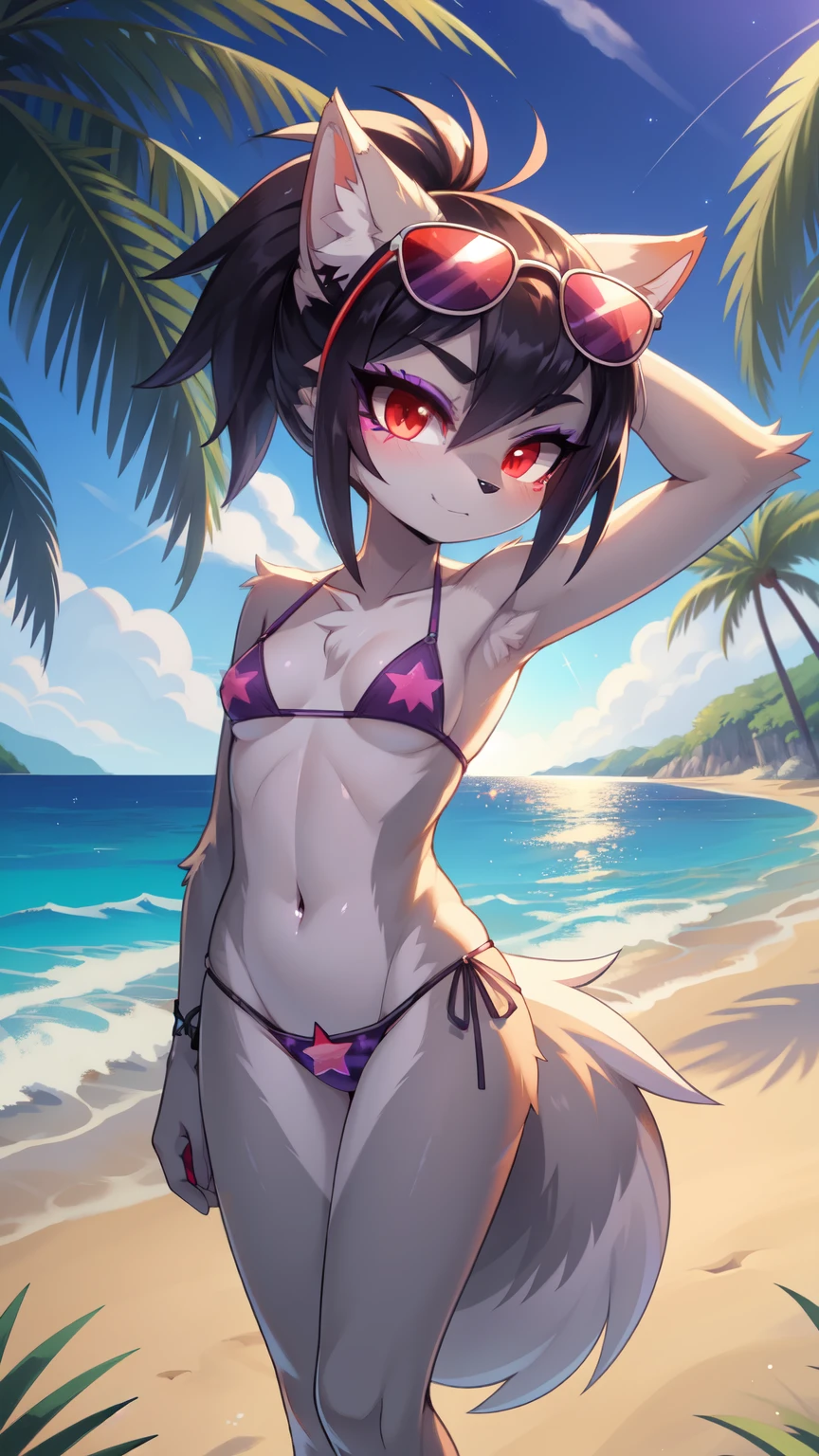 furry girl, wolf, black hair, punk hairstyle, long spiky ponytail, anime style, small breasts, red eyes, ((nude, pussy)), high quality, detailed body, detailed eyes, detailed face, masterpiece, glistening body, detailed body fur, best quality, two tone body, gray fur, clear gray fur, perfect lighting, perfect shadows, perfect eyes, perfect hair, perfect face, gorgeous body, :3, beach, clear sky, looking at sky, full body,