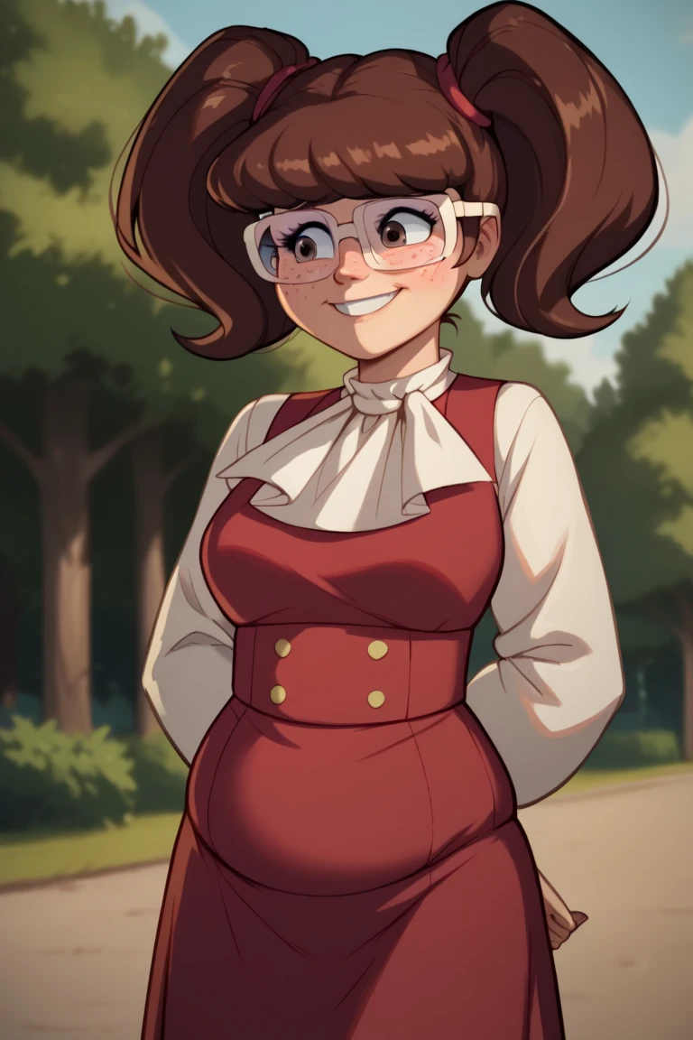 score_9, score_8_up, score_7_up, BREAK, madelyn, brown hair, twintails, glasses, red skirt, long sleeves, ascot, outdoors, smiling, shy, freckles, brown eyes, hands behind back, chubby